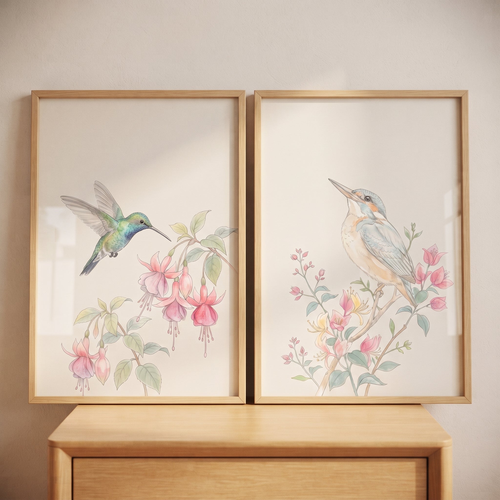 Pastel Pink Botanical Birds Wall Art Set of 2 - Delicate Garden Birds