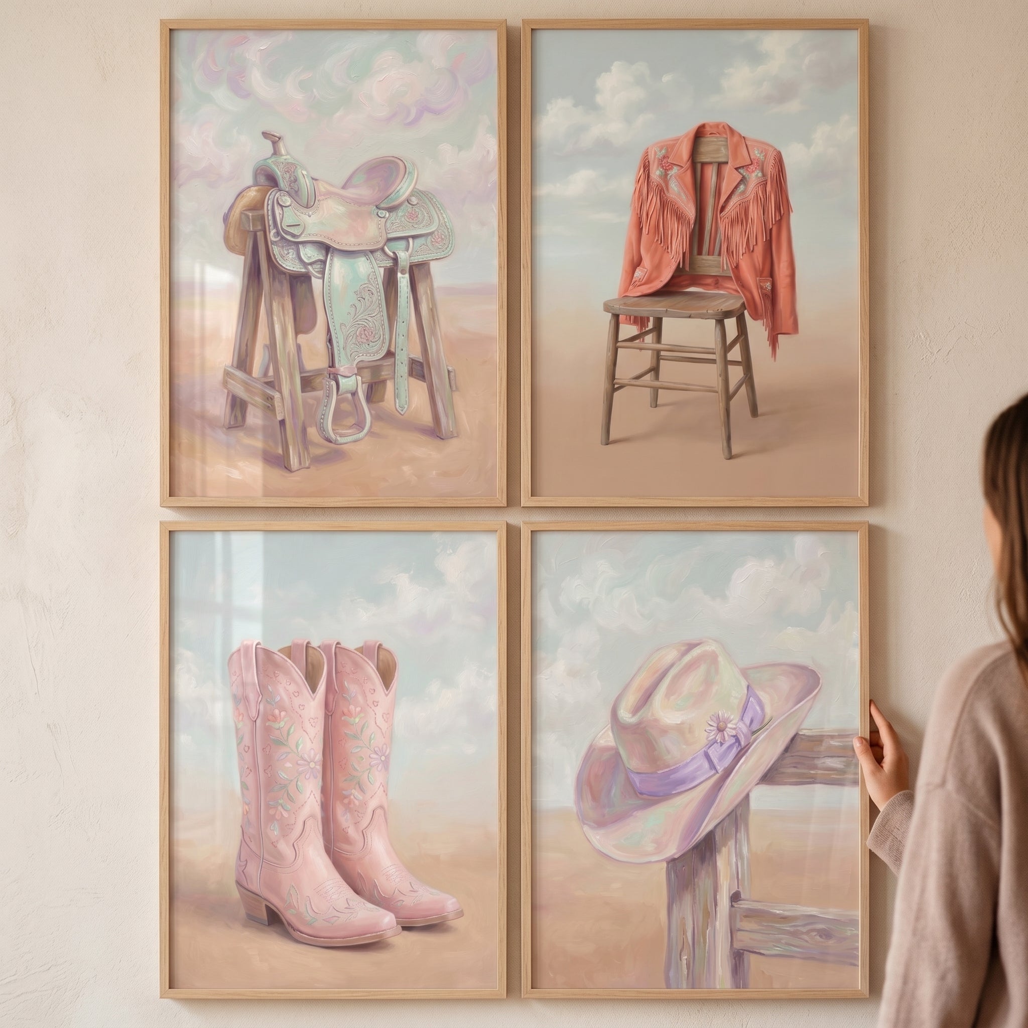 Pastel Pink Desert Gear Wall Art Set of 4 - Soft Western Spirit