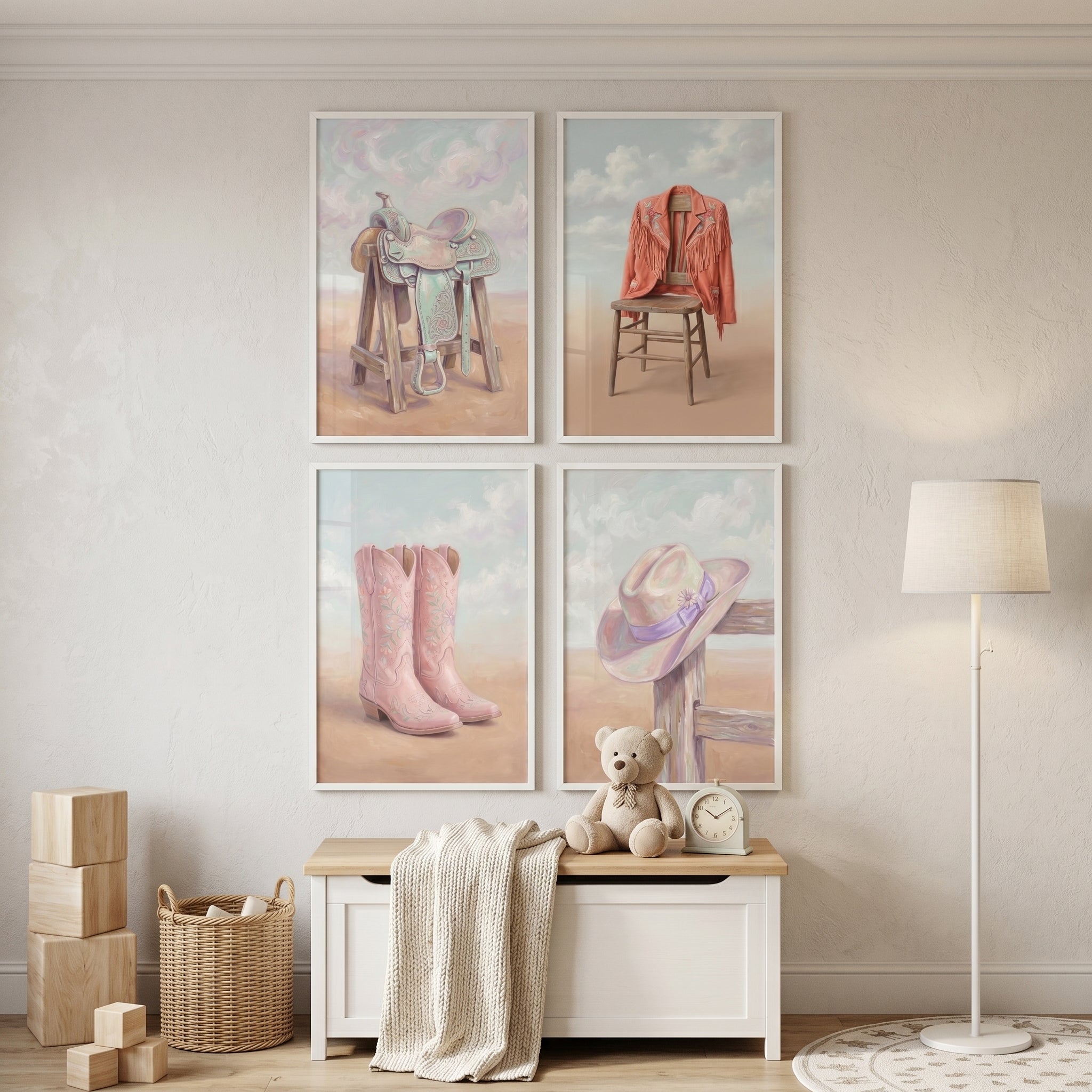 Pastel Pink Desert Gear Wall Art Set of 4 - Soft Western Spirit