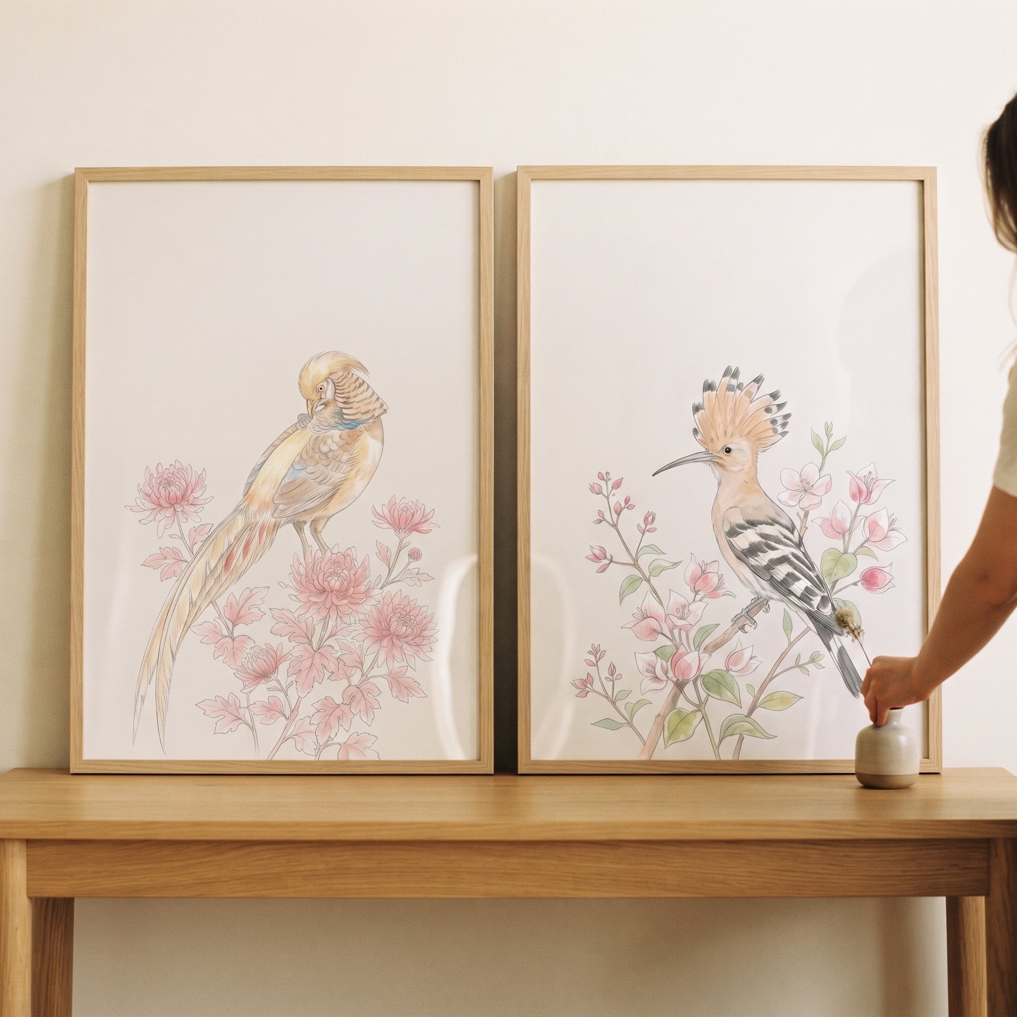 Pastel Pink Floral Birds Wall Art Set of 2 - Serene Winged Wonders