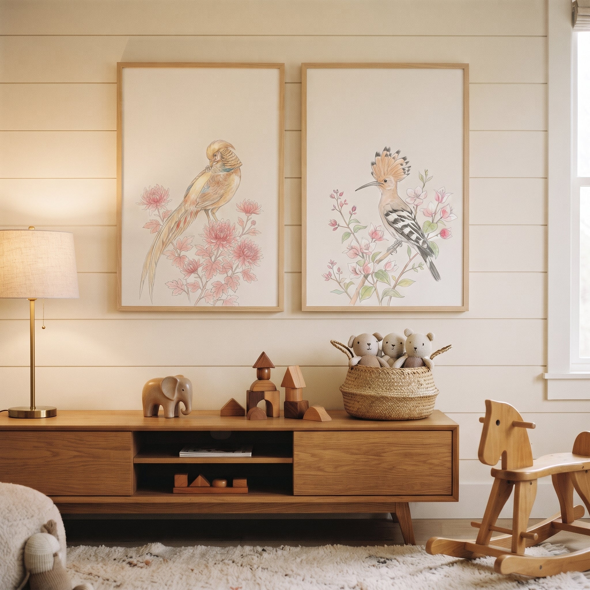 Pastel Pink Floral Birds Wall Art Set of 2 - Serene Winged Wonders