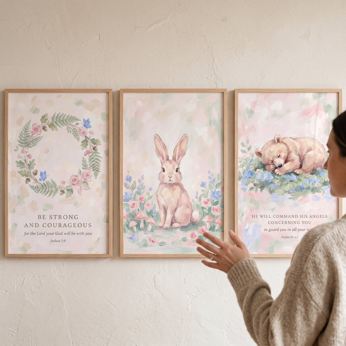 Pastel Pink Forest Animals Wall Art Set of 3 - Soft Scripture Animals