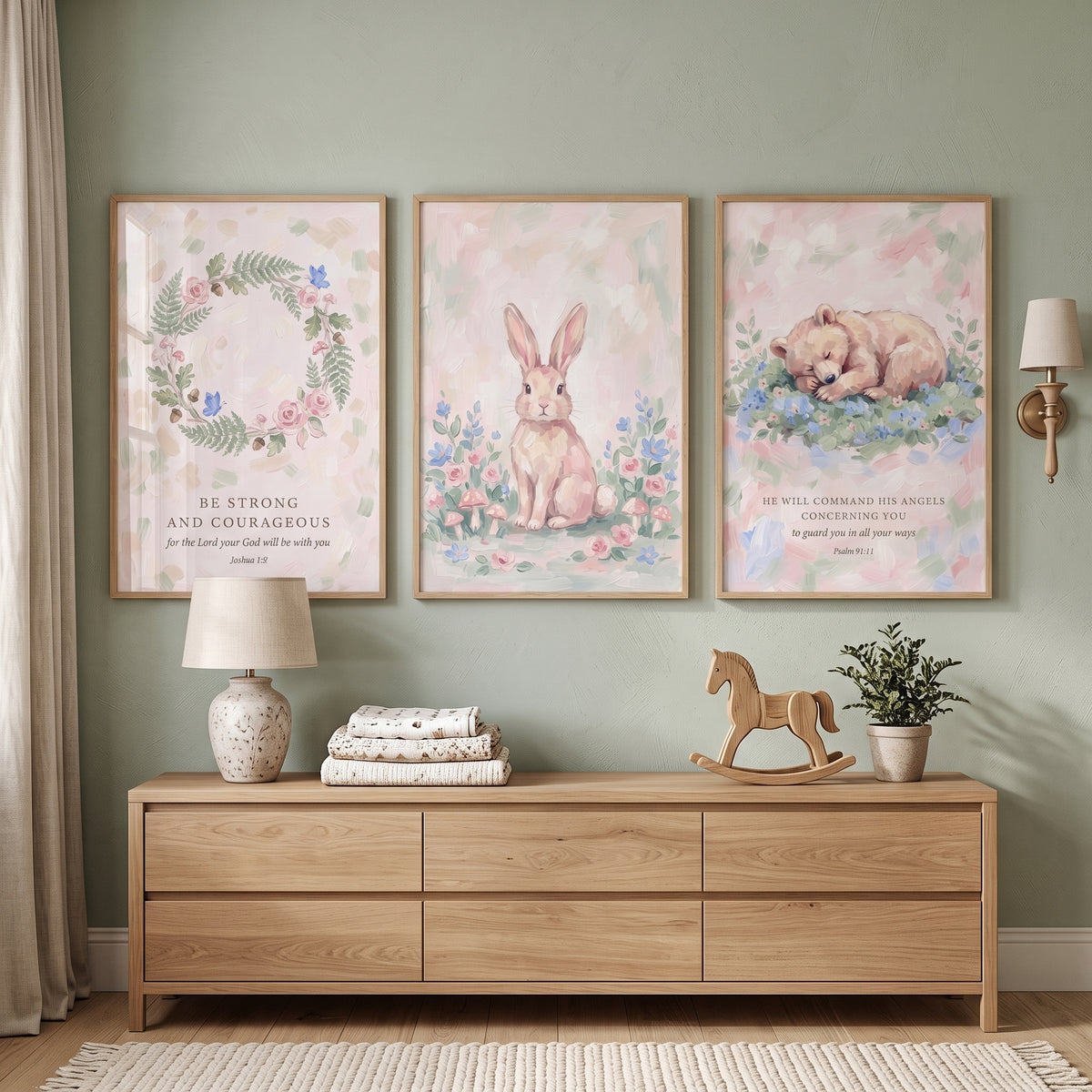 Pastel Pink Forest Animals Wall Art Set of 3 - Soft Scripture Animals
