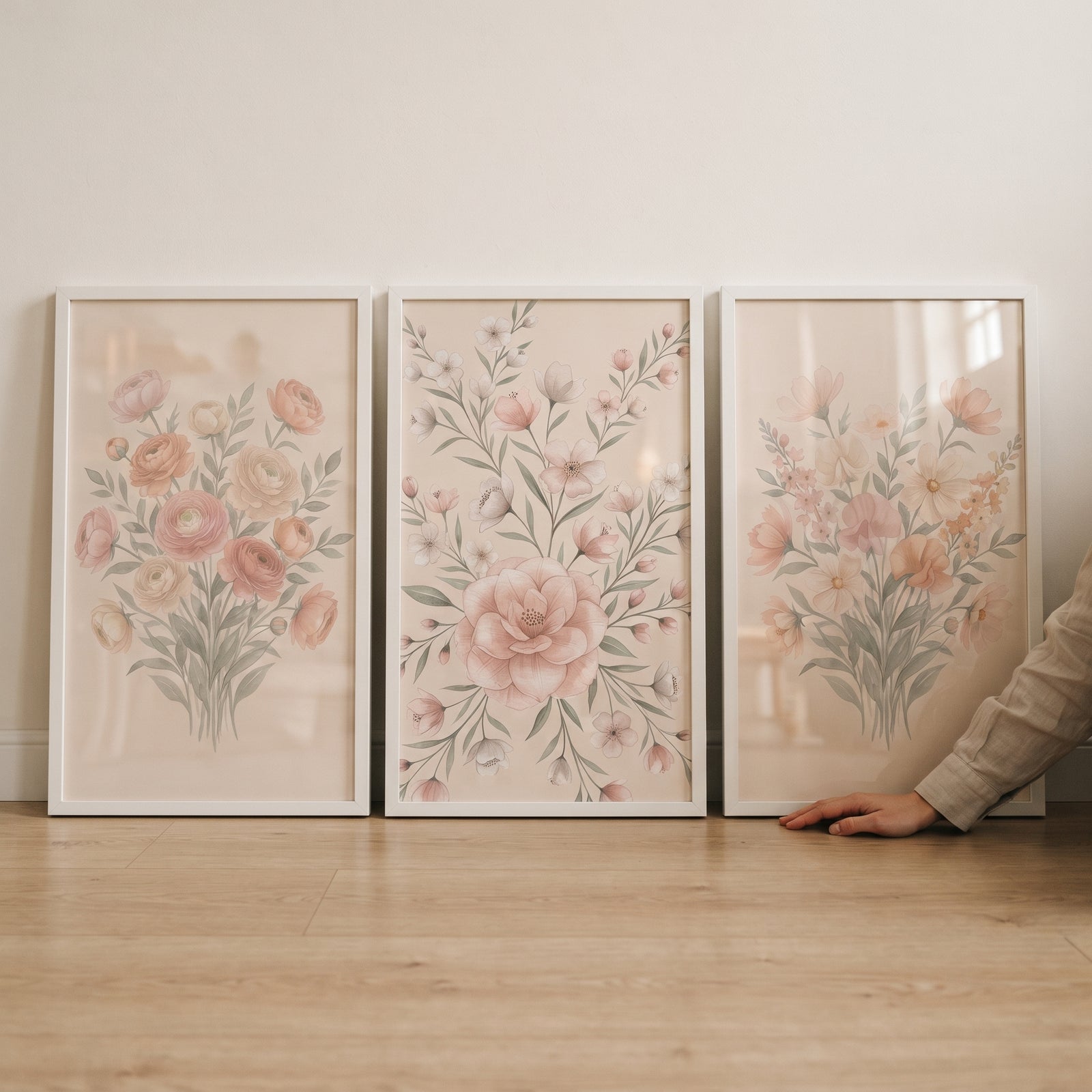 Pastel pink garden floral wall art set of 3 in white frames leans against a neutral wall on a wooden floor.