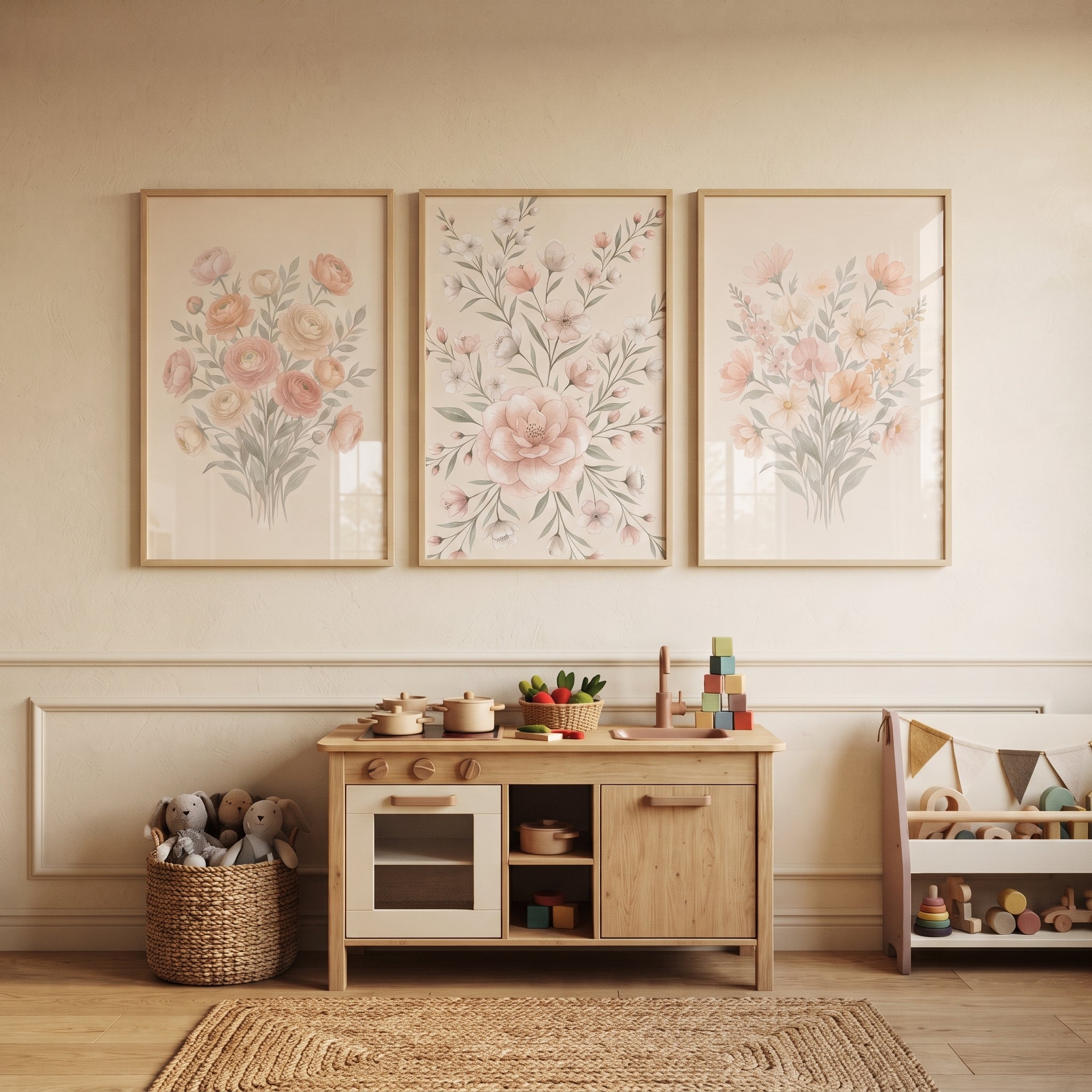 Pastel Pink Garden Floral Wall Art Set of 3 - Soft Floral Triptych