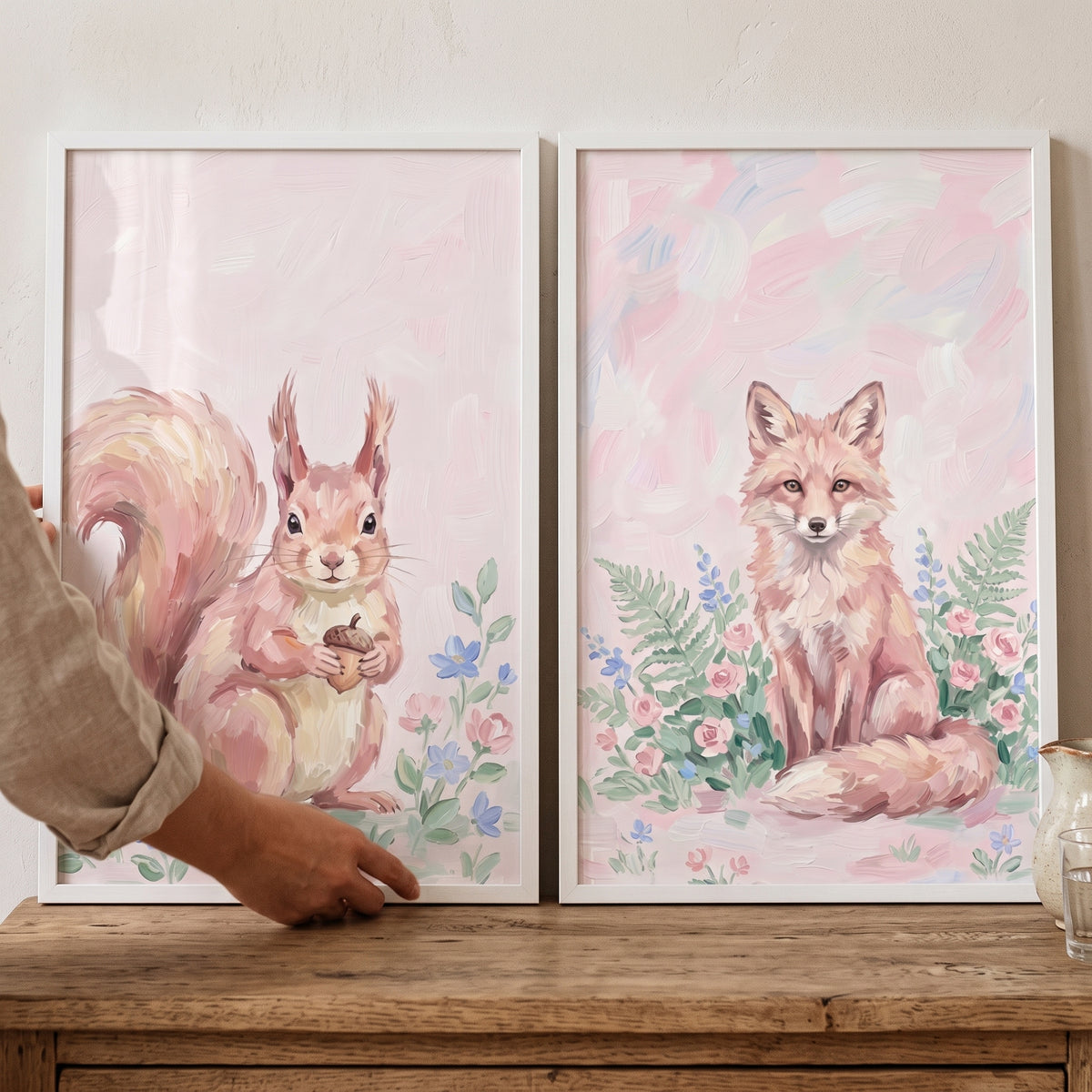 Pastel Pink Meadow Animals Wall Art Set of 2 - Pastel Forest Duo