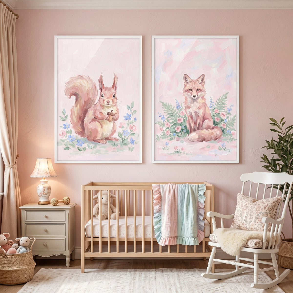 Pastel Pink Meadow Animals Wall Art Set of 2 - Pastel Forest Duo