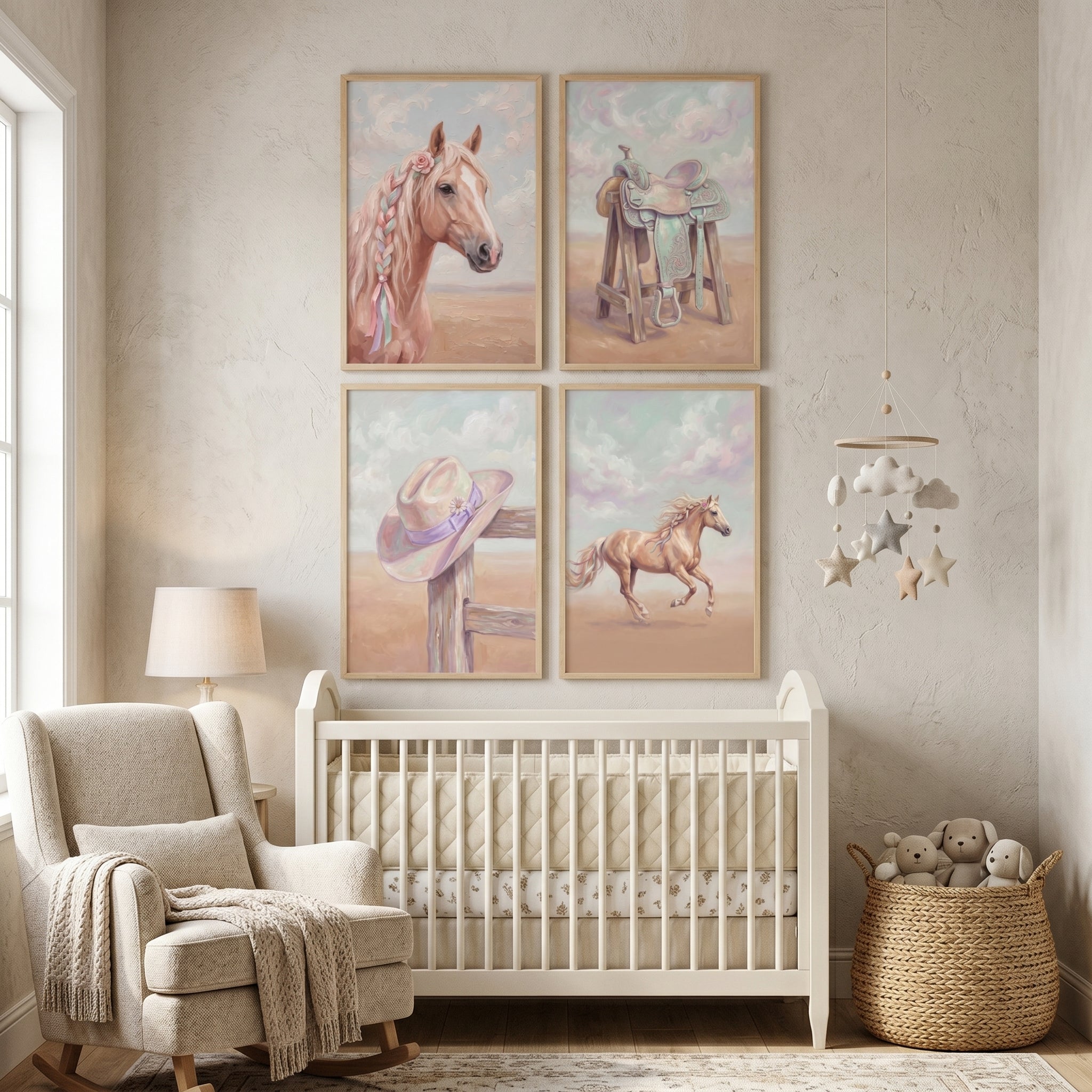 Pastel Pink Palomino Horse Wall Art Set of 4 - Pastel Horse Dreams