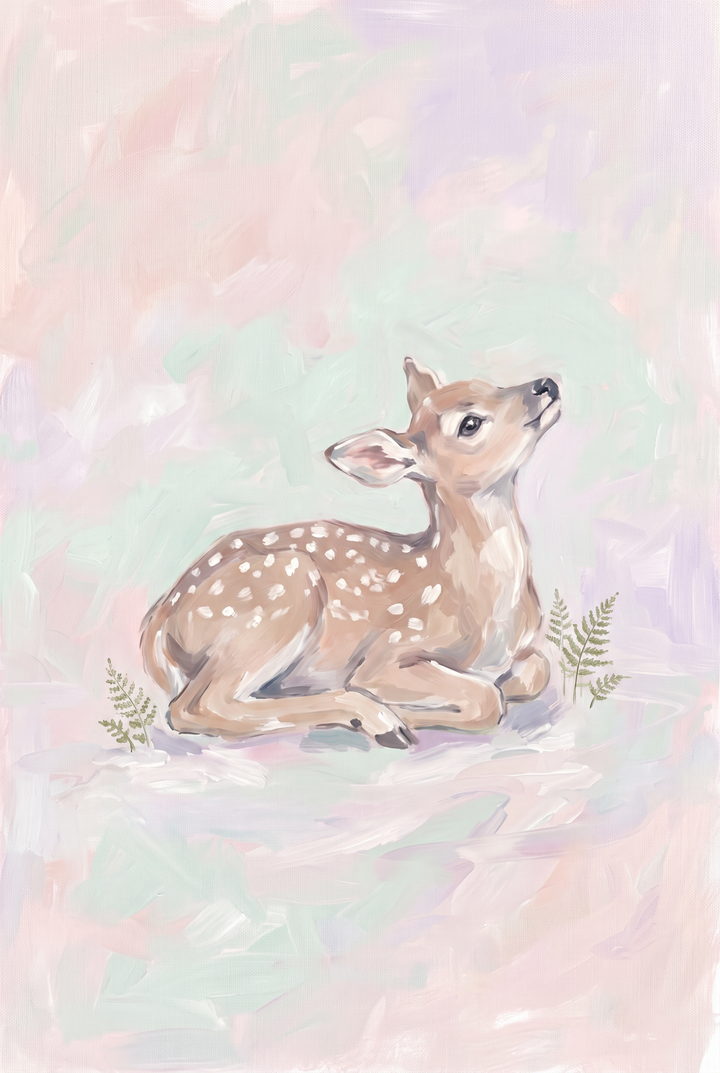 Pastel pink resting fawn wall art featuring a spotted deer looking up amidst soft green and lavender tones.