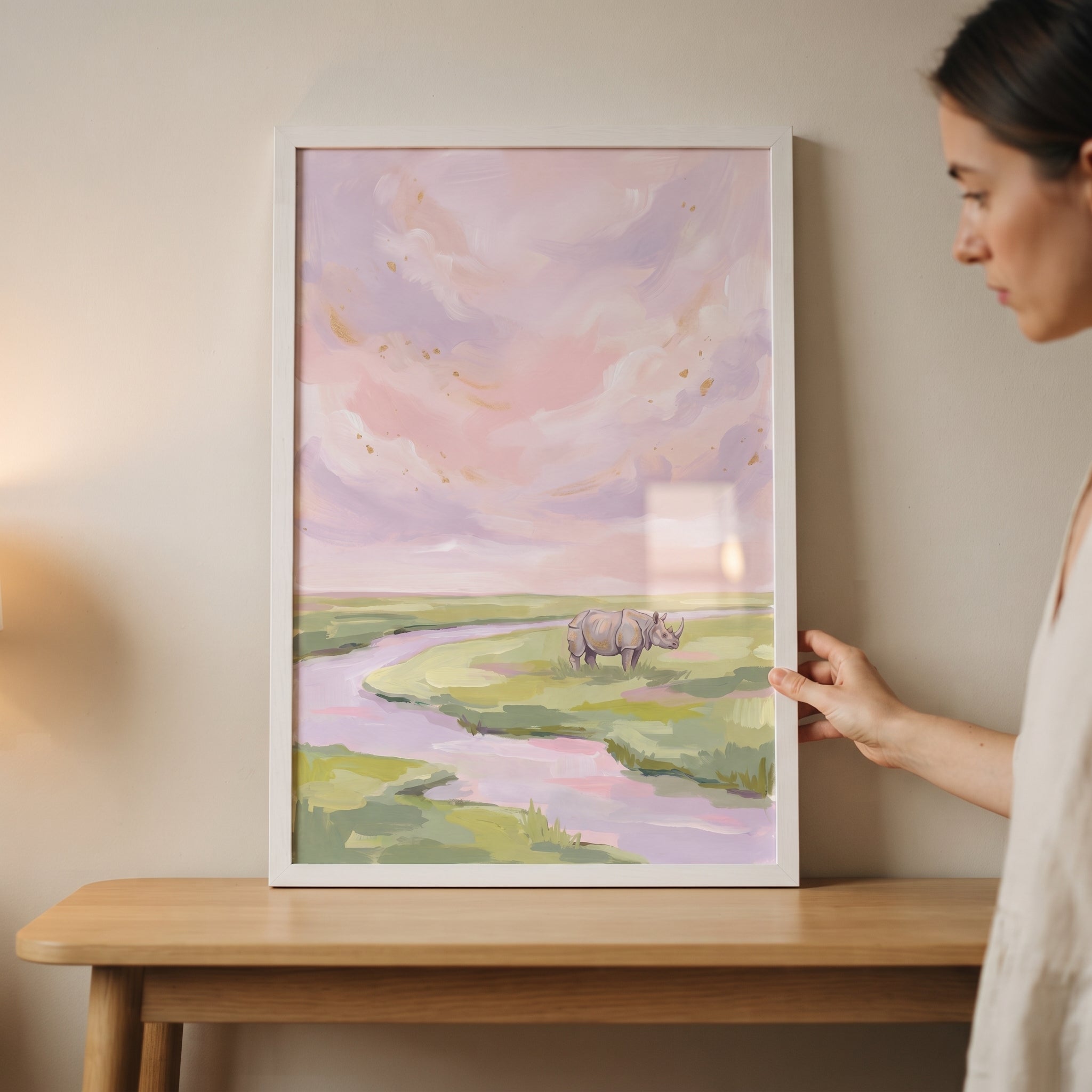 Pastel Pink River Rhino Animal Wall Art - Pastel Rhino Dream