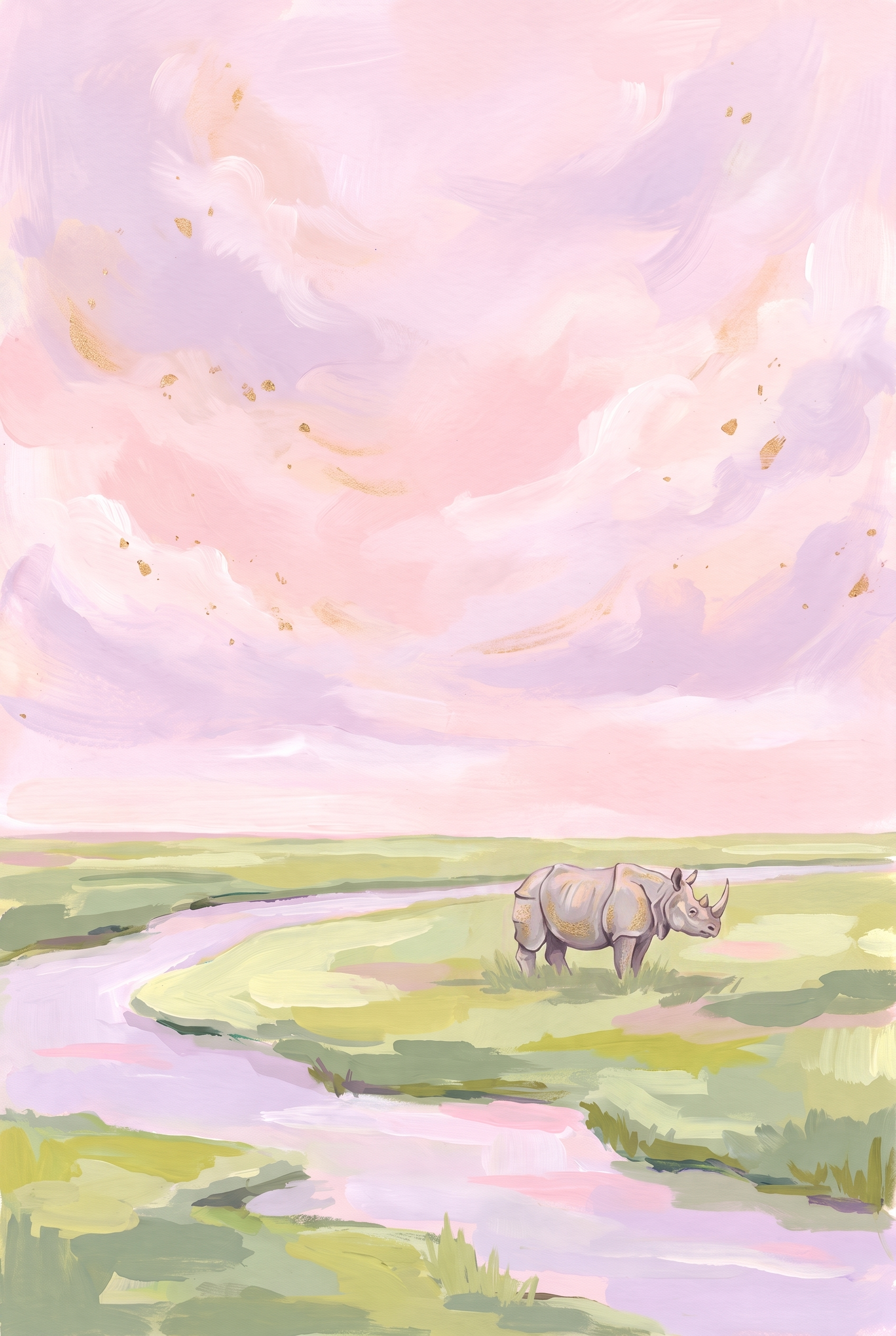 Pastel Pink River Rhino Animal Wall Art - Pastel Rhino Dream