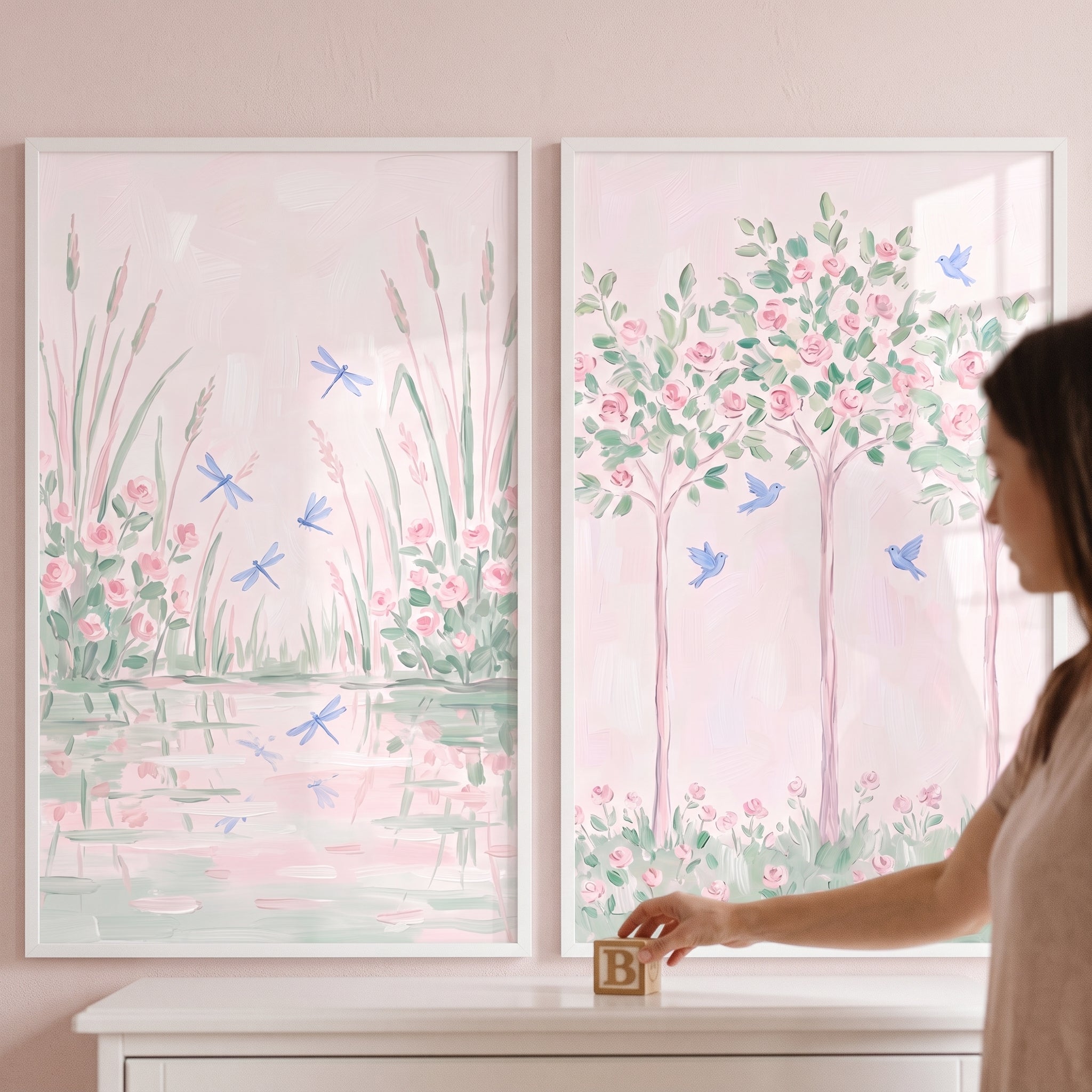 Pastel Pink Rose Garden Wall Art Set of 2 - Pastel Garden Breeze