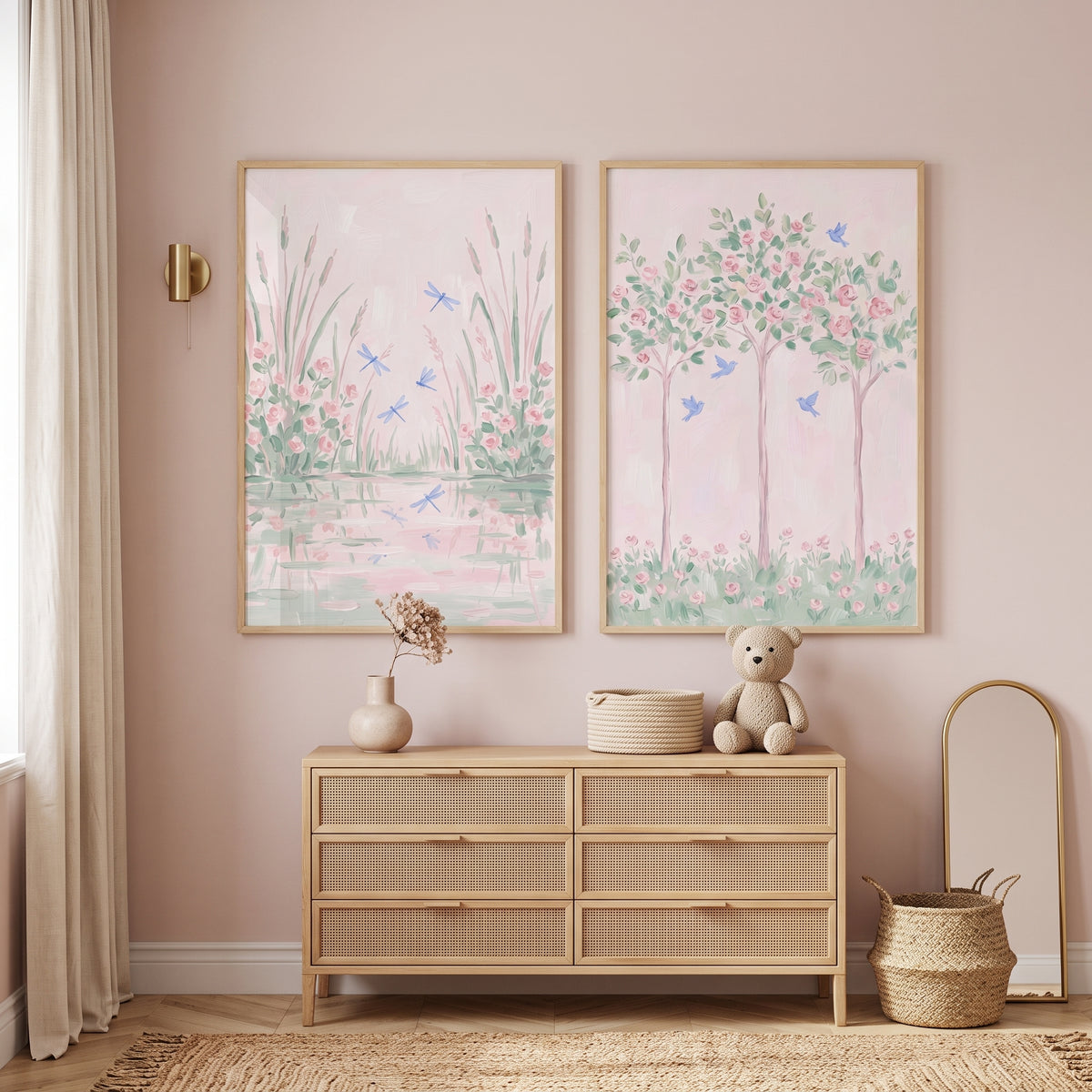 Pastel Pink Rose Garden Wall Art Set of 2 - Pastel Garden Breeze