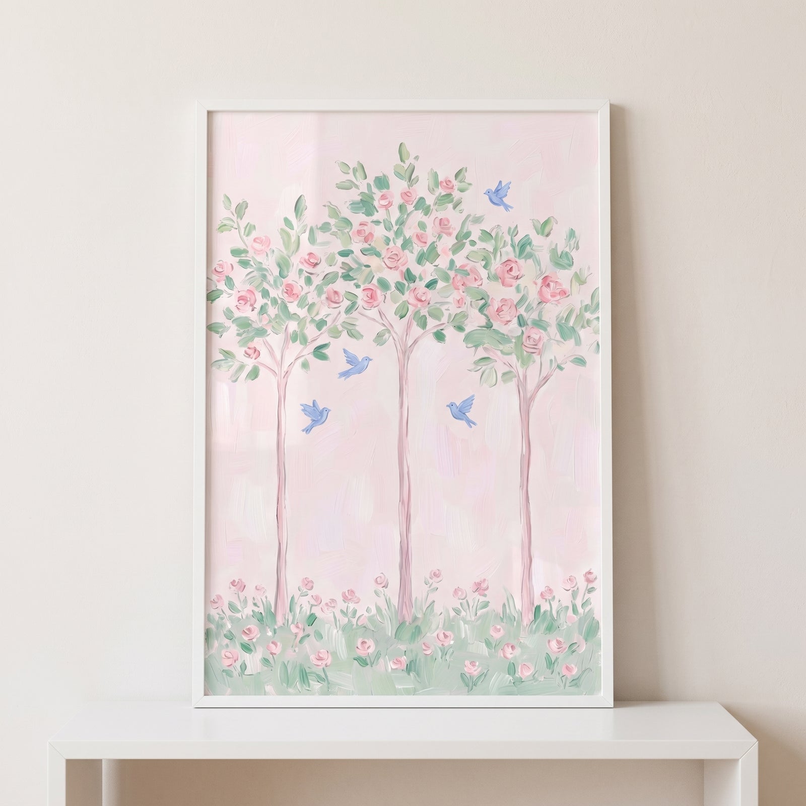 Pastel pink rose tree wall art featuring three floral trees and blue birds against a soft pink backdrop.