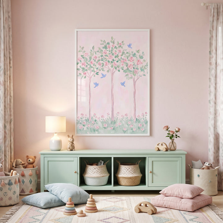 Pink nursery featuring pastel pink rose tree wall art, a mint green cabinet, floor pillows, and woven toy baskets.