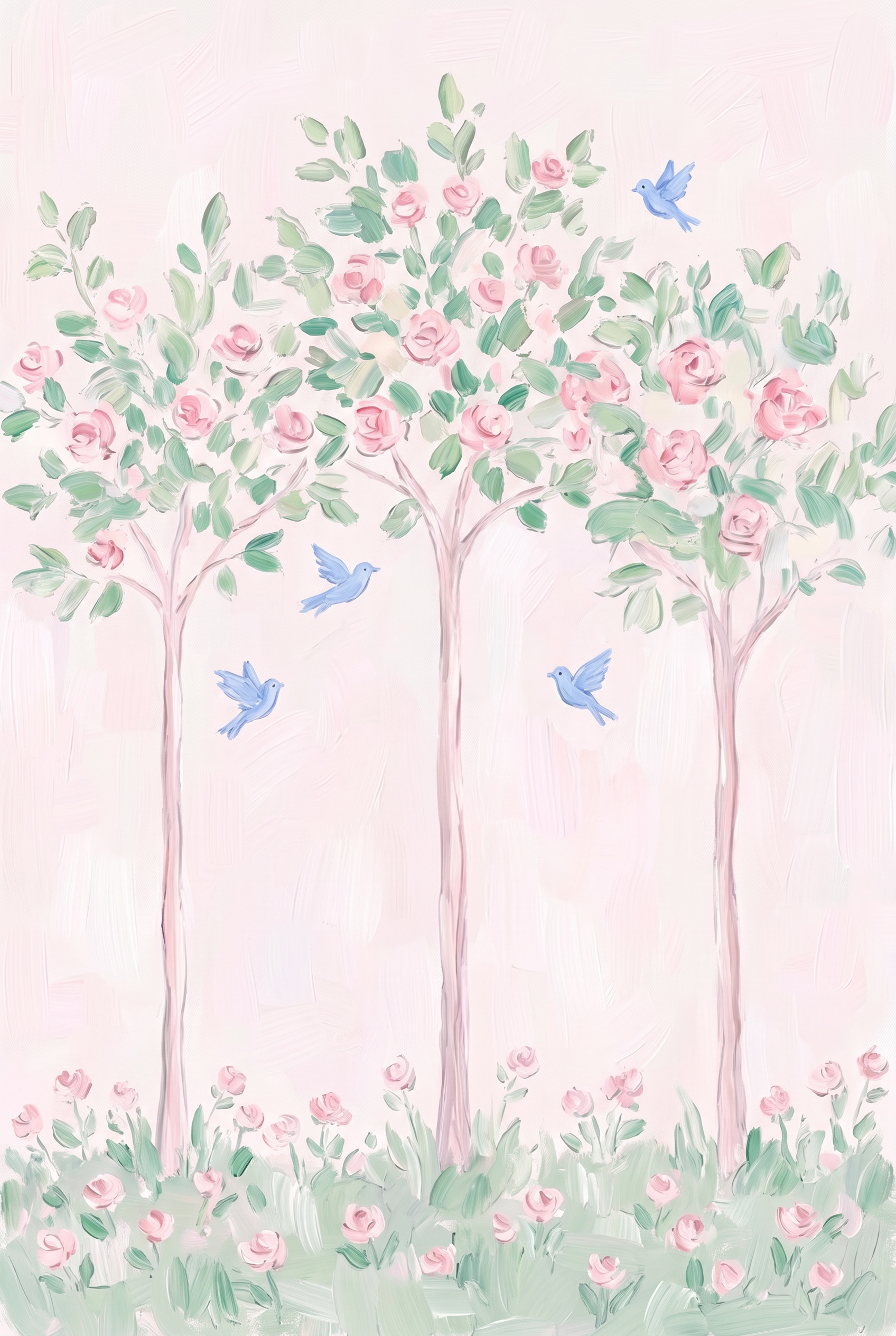 Pastel Pink Rose Tree Wall Art - Whimsical Rose Garden