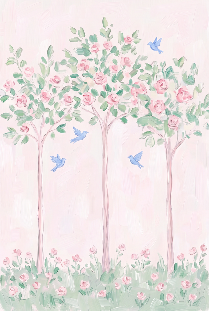 Four blue birds fly among three blooming trees and a floral meadow in this pastel pink rose tree wall art.