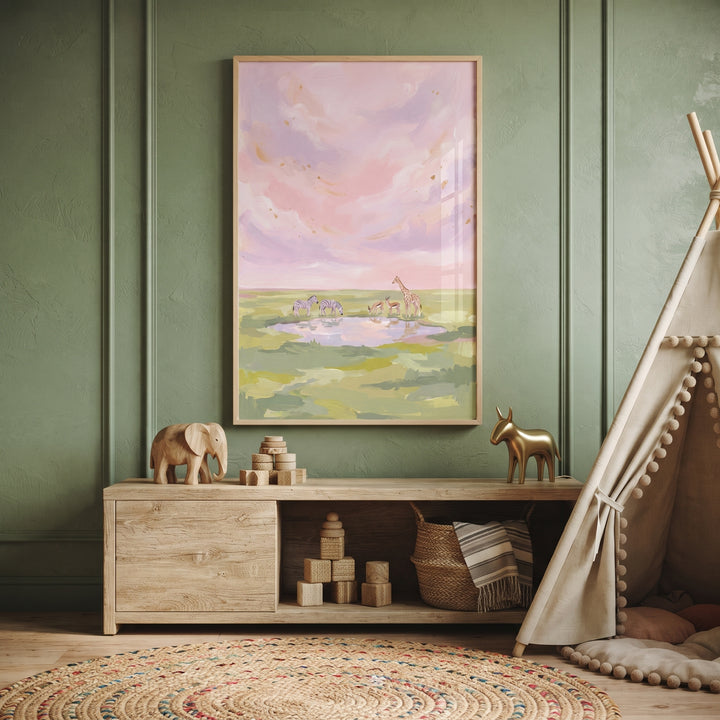 Pastel pink savanna animals wall art hangs in a green nursery above a wooden shelf with a play teepee and woven rug.
