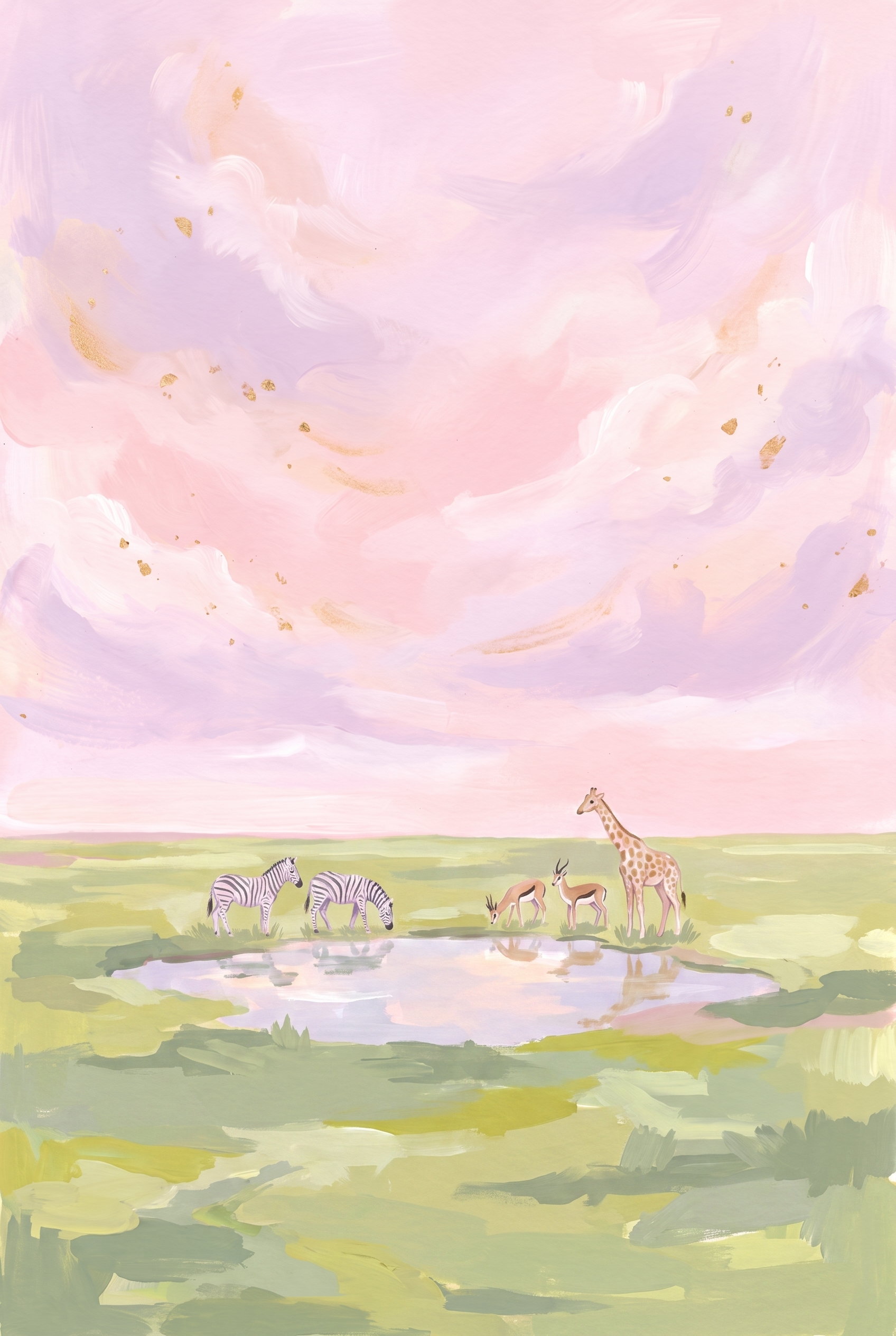 Pastel Pink Savanna Animals Wall Art - Pastel Savanna Sunset