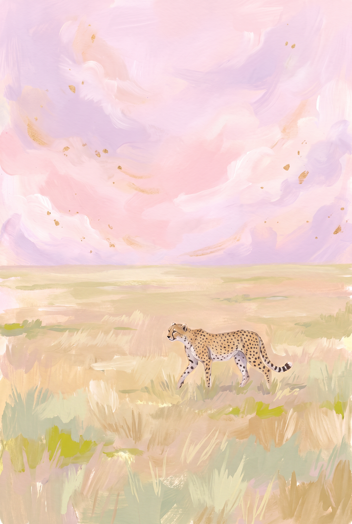 A cheetah walks through golden grass in this pastel pink sky cheetah animal wall art.