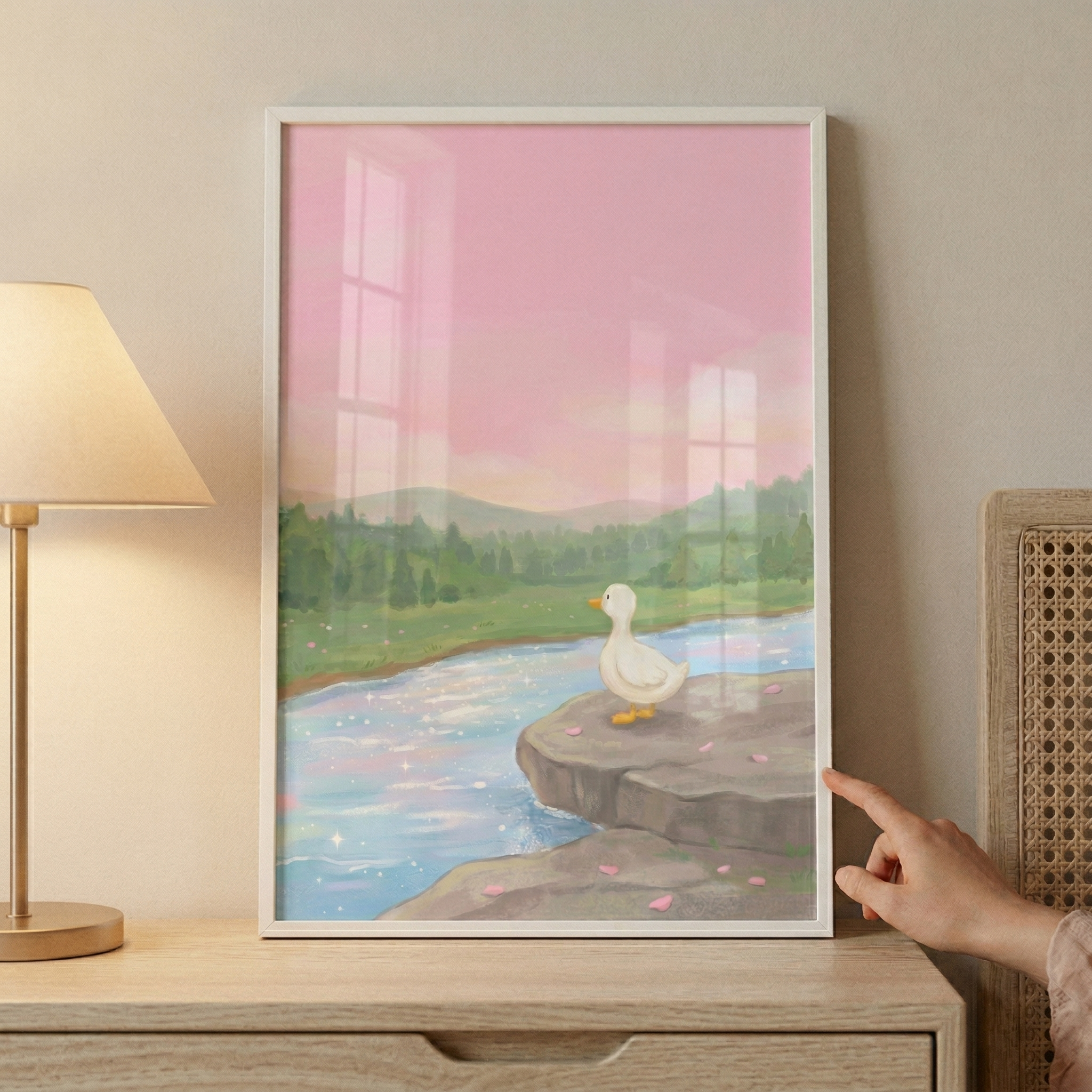 Pastel Pink Sunset Sky Duck Wall Art - Sparkling River Duck