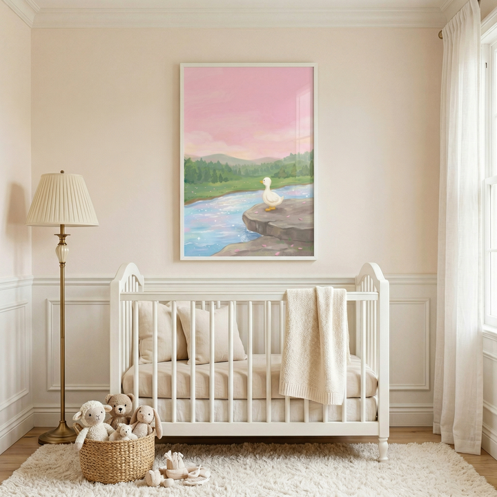 A serene nursery features a white wooden crib set against a pale pink wall with white wainscoting. Above the crib, a large framed illustration depicts a calm river scene with a small white duck standing on a rock under a soft pink sky. A floor lamp with a pleated shade stands next to the crib, and a woven basket filled with plush animals sits on a thick white shag rug. To the right, white curtains frame a window, completing the peaceful room.
