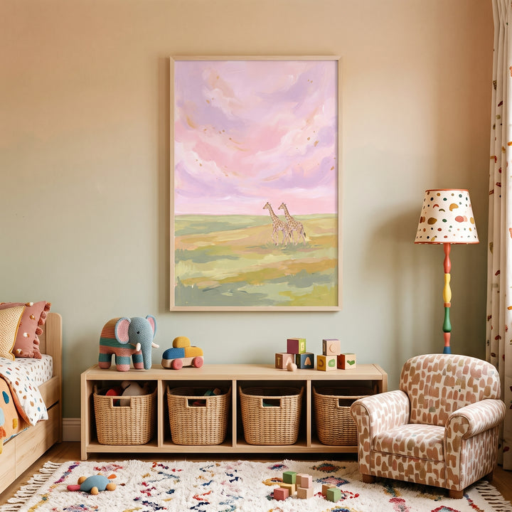 A child's room with pastel pink sunset giraffes animal wall art, a wooden shelf with baskets, and a patterned chair.