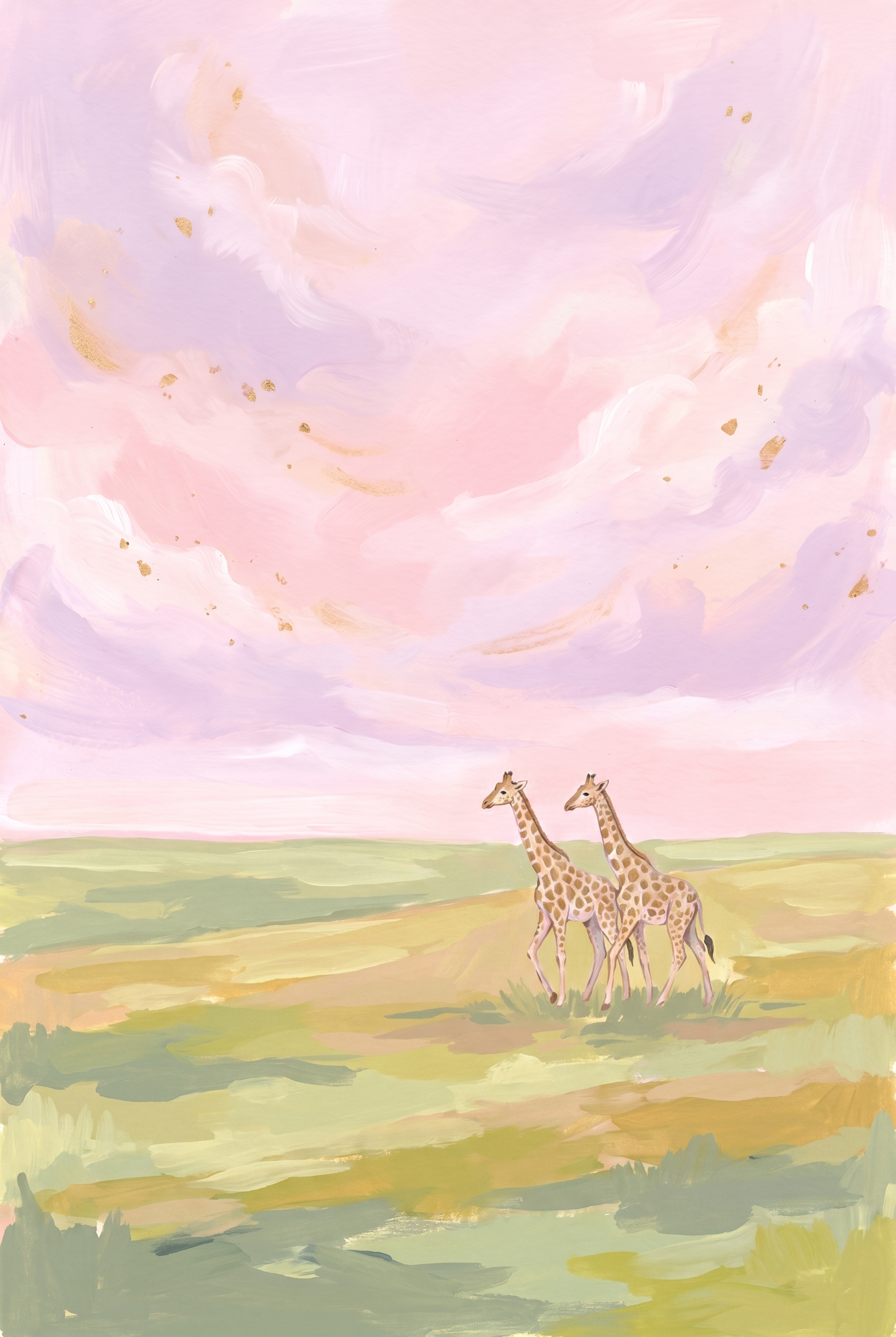 Pastel Pink Sunset Giraffes Animal Wall Art - Pastel Savanna Stroll