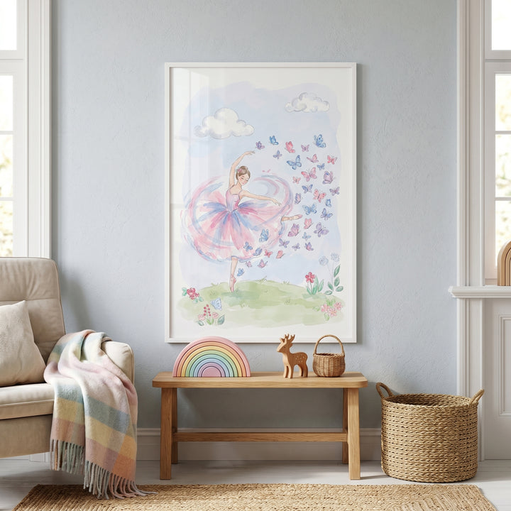 Pastel pink tutu ballerina wall art hangs above a wooden bench with a rainbow toy and deer figurine in a nursery.