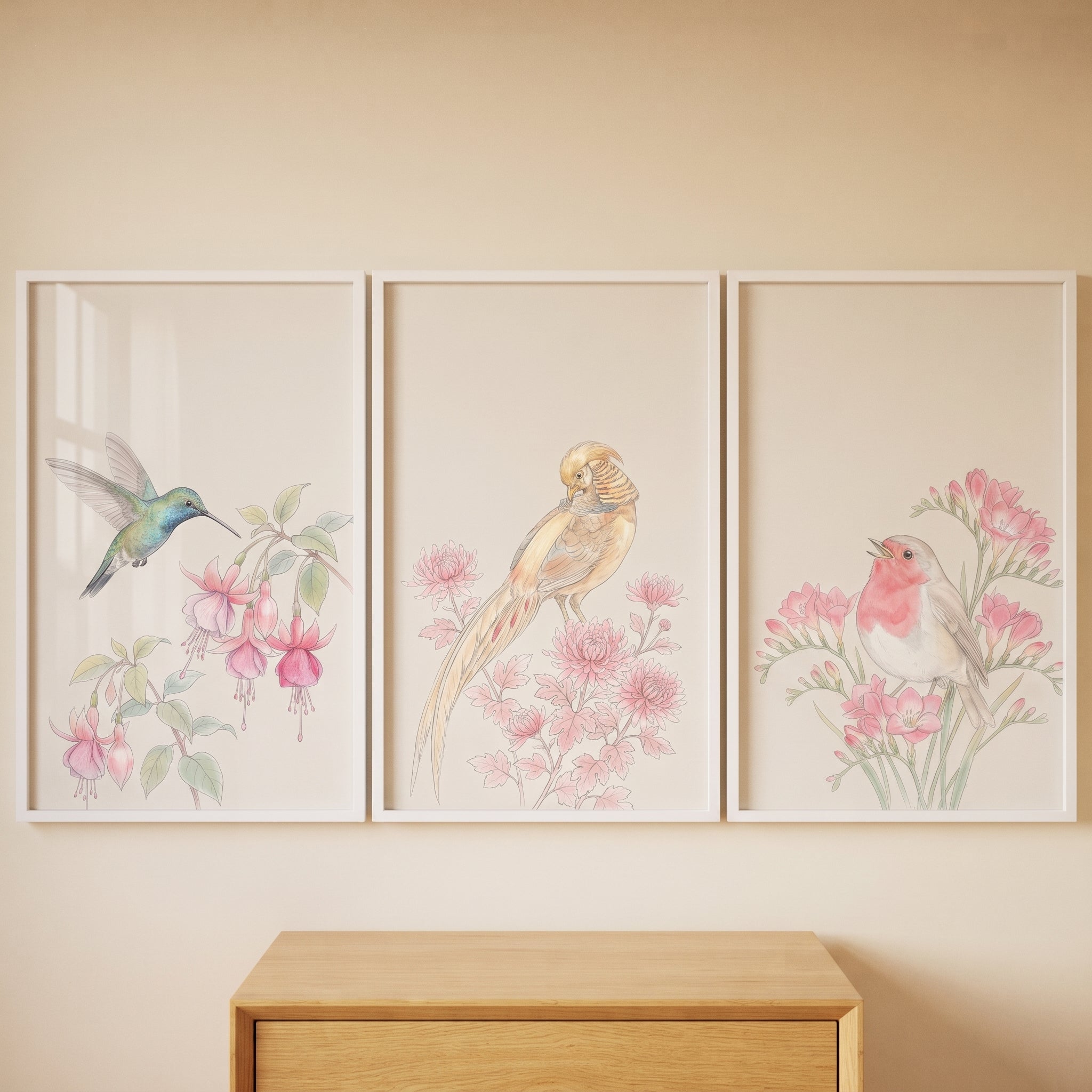 Pastel Pink Watercolor Birds Wall Art Set of 3 - Soft Garden Songbirds