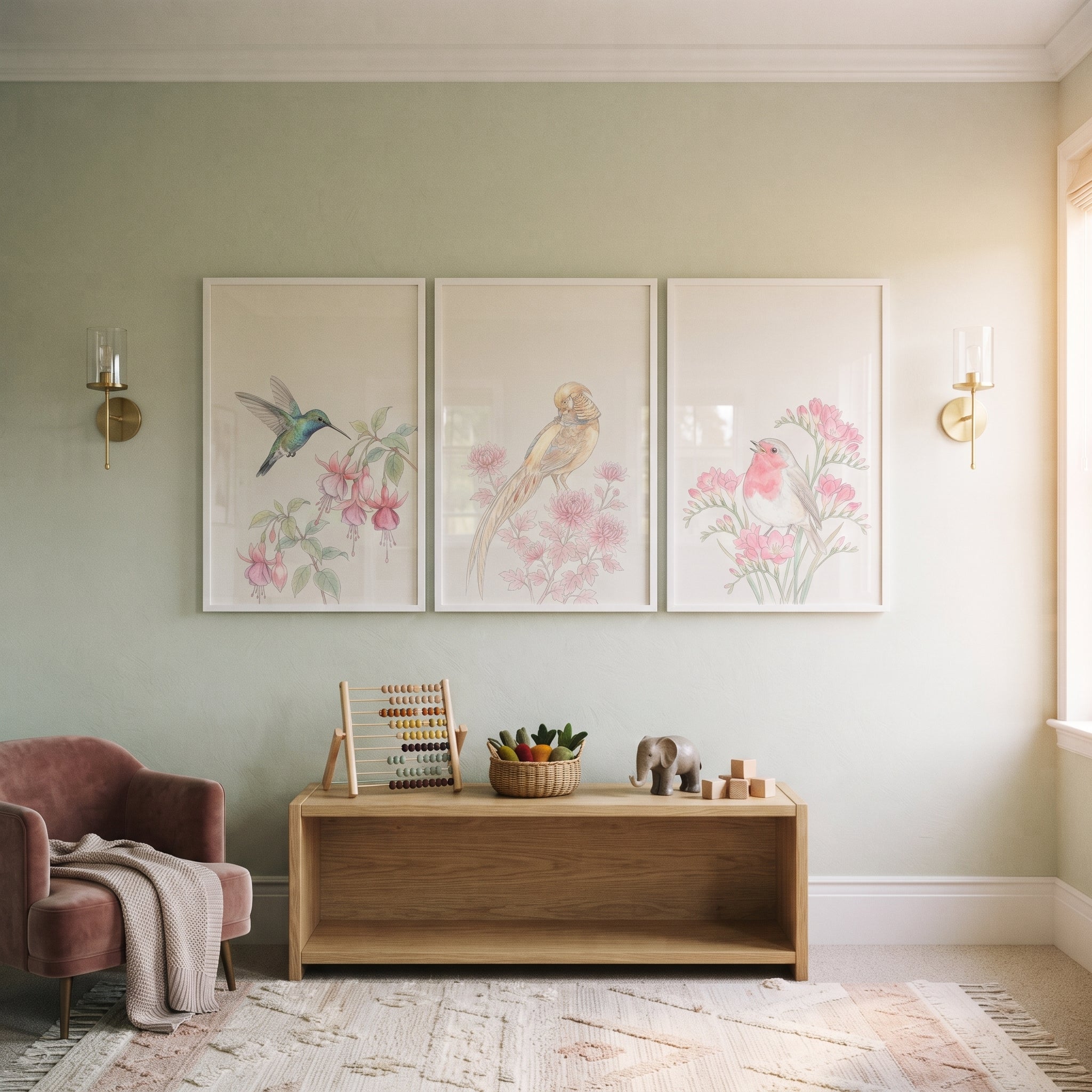 Pastel Pink Watercolor Birds Wall Art Set of 3 - Soft Garden Songbirds