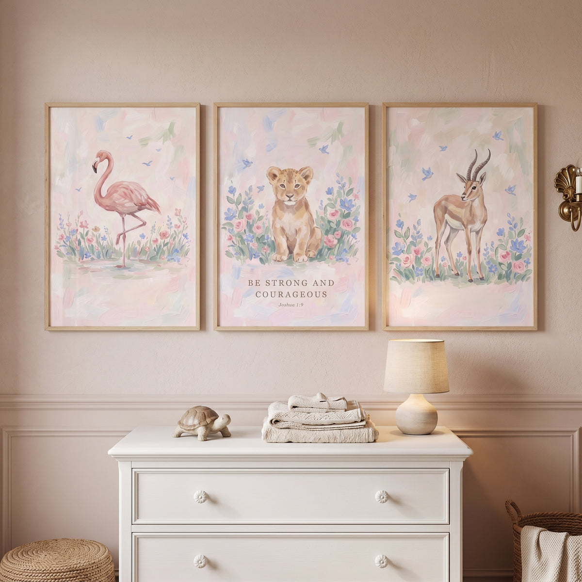 Pastel Prairie Safari Animals Wall Art Set Of 3 - Floral Animal Set