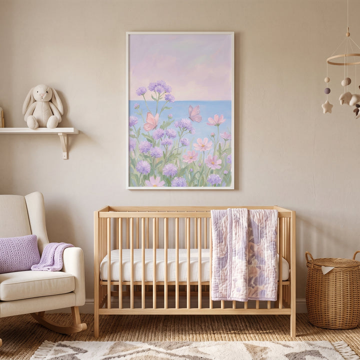 Pastel purple floral butterfly wall art hangs above a light wood crib with a purple blanket in a serene nursery.