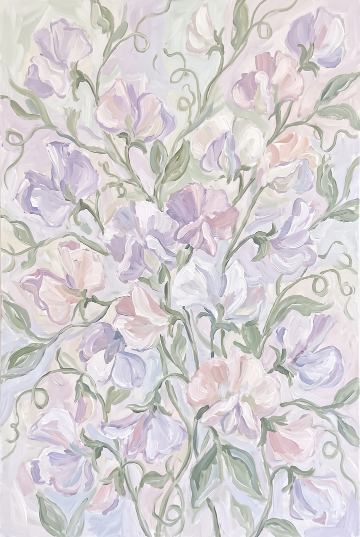 Pastel purple sweet pea floral wall art with soft pink, lavender, and white blossoms among winding green vines.