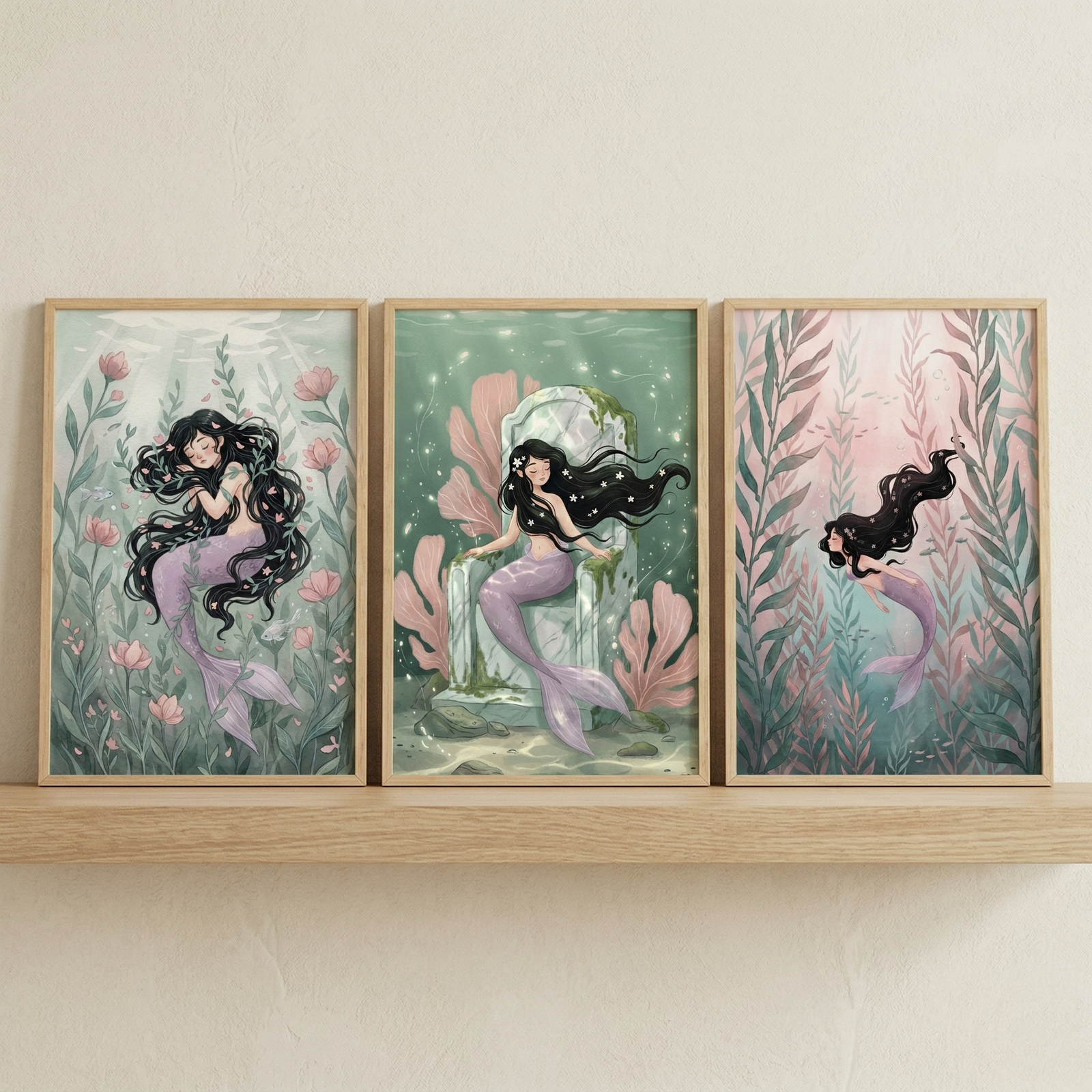 Three framed illustrations of a mermaid are displayed on a light wood shelf. Each artwork depicts the same character with long, wavy black hair and a lavender tail in different underwater scenes. On the left, she is curled in a peaceful sleep amidst soft green foliage and pink blossoms. In the middle, she sits on a stone throne surrounded by glowing particles and pink coral. On the right, she swims upwards through tall sea plants towards a warm, pink-hued light. The art style is whimsical and delicate.