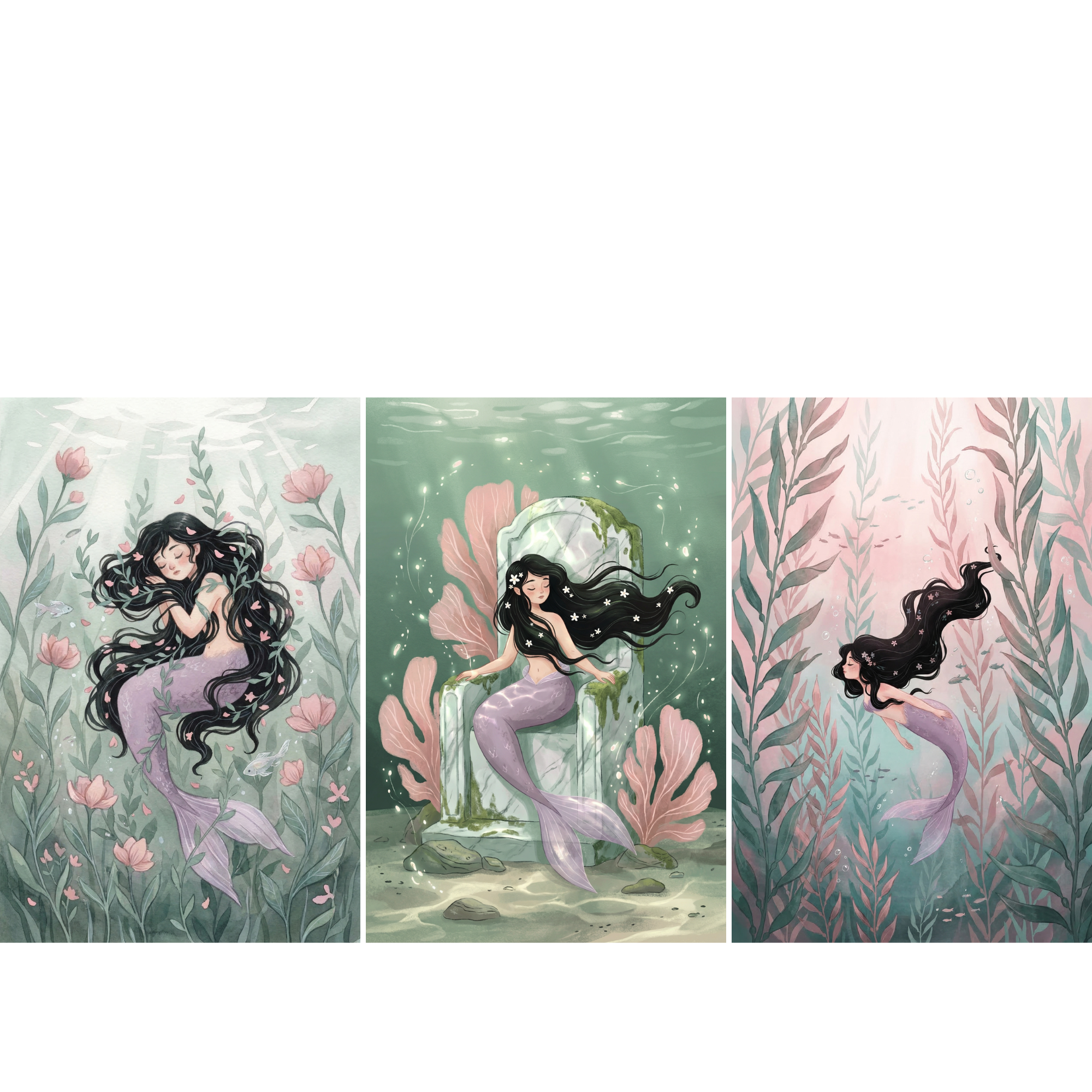 Pastel Purple Tail Mermaid Artwork Set of 3 - Deep Sea Dreams