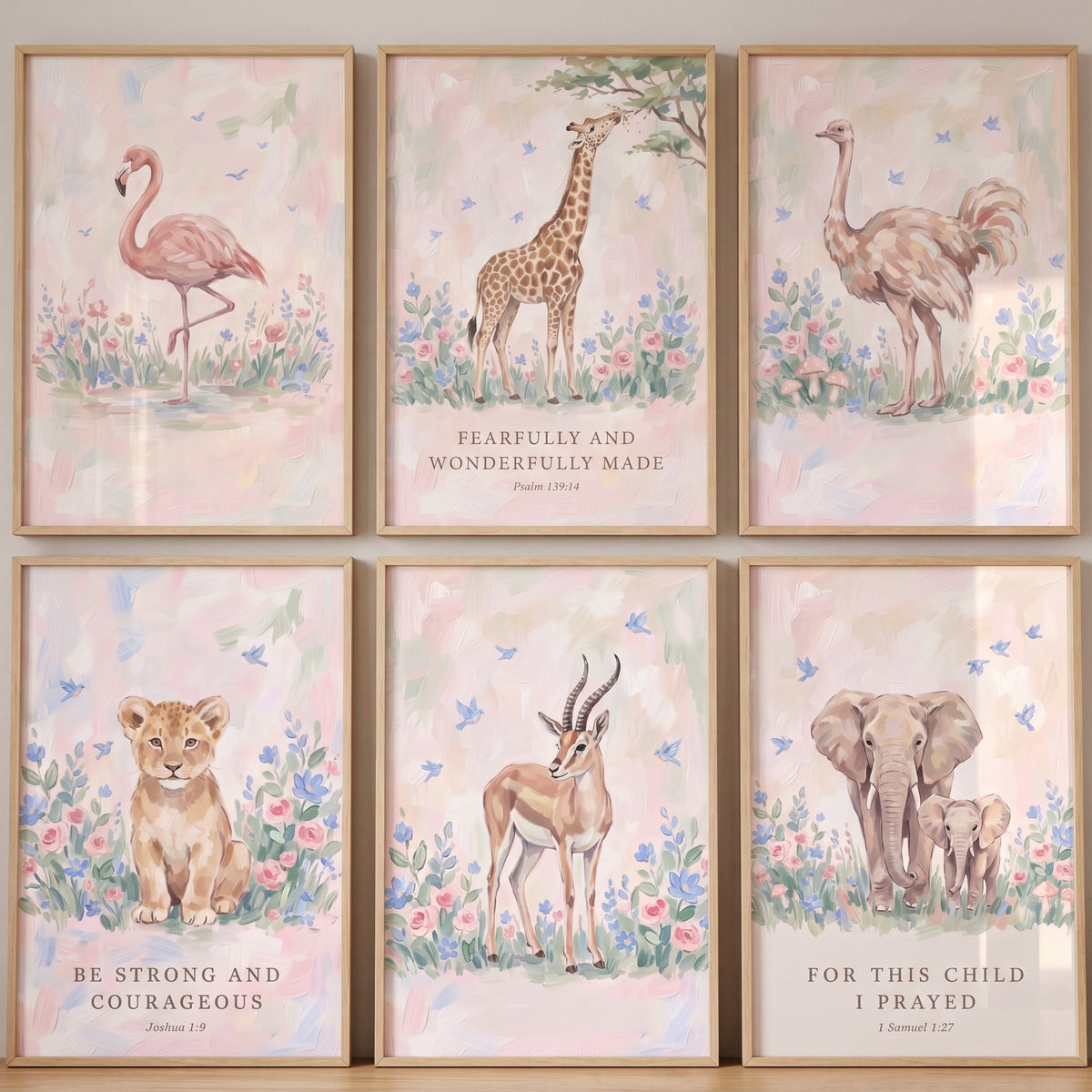 Pastel religious safari animals print set of 6 with watercolor style animals and bible verses in light wood frames.