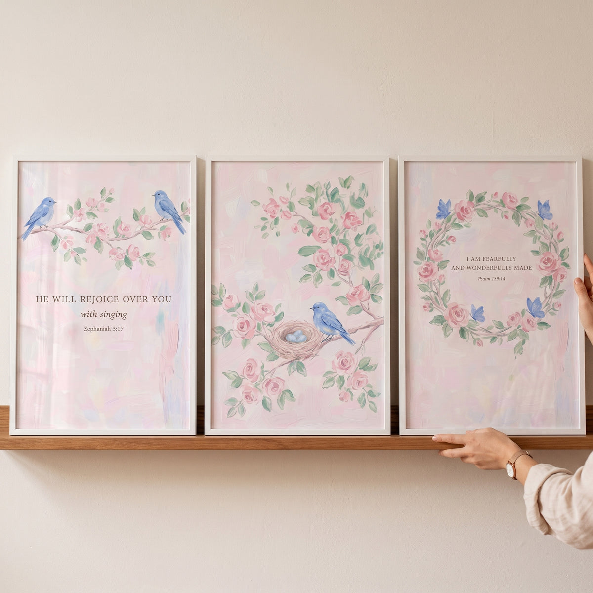 Pastel Rose Bible Verse Artwork Set of 3 - Sacred Songbirds Trio