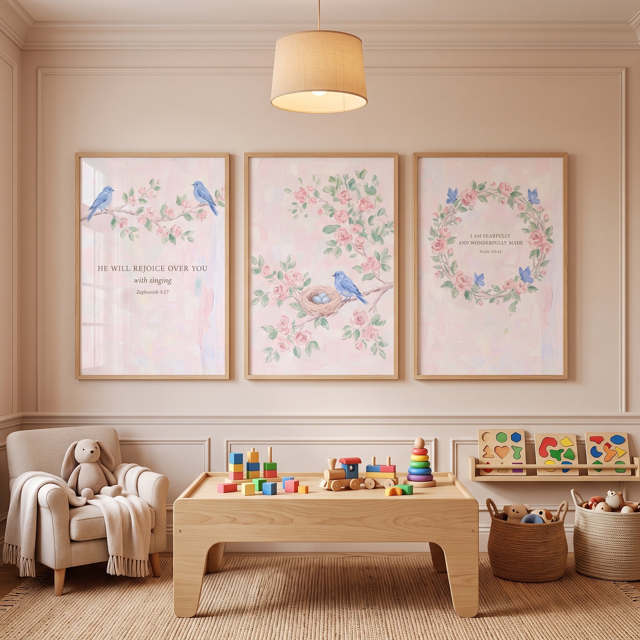 Pastel Rose Bible Verse Artwork Set of 3 - Sacred Songbirds Trio