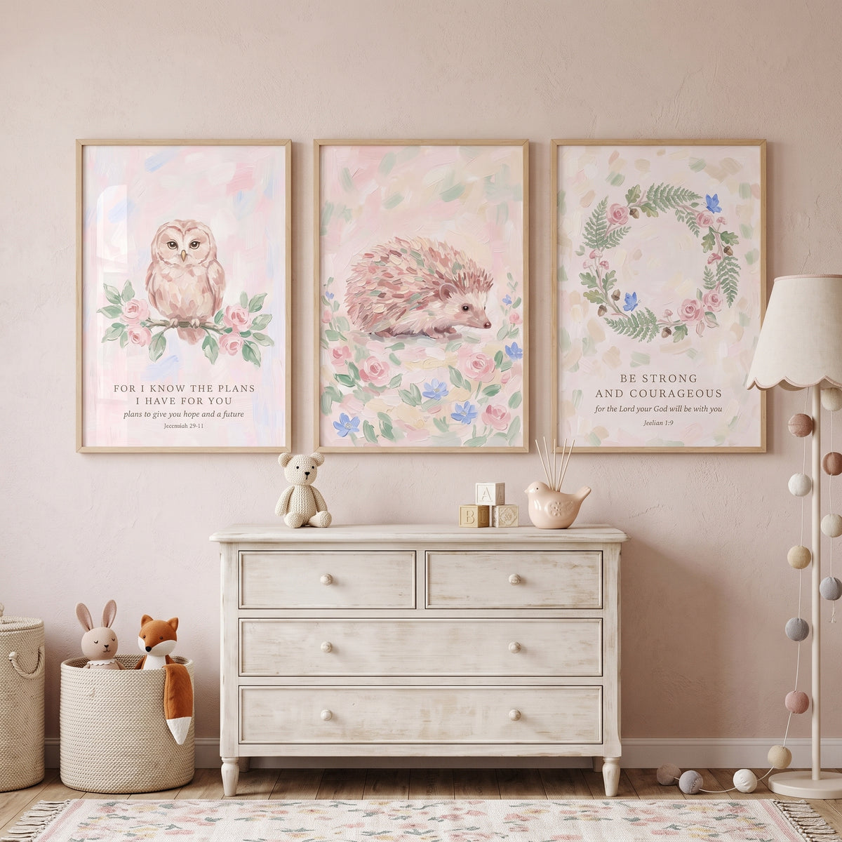 Pastel Rose Forest Nature Wall Art Set of 3 - Gentle Nature Scripture