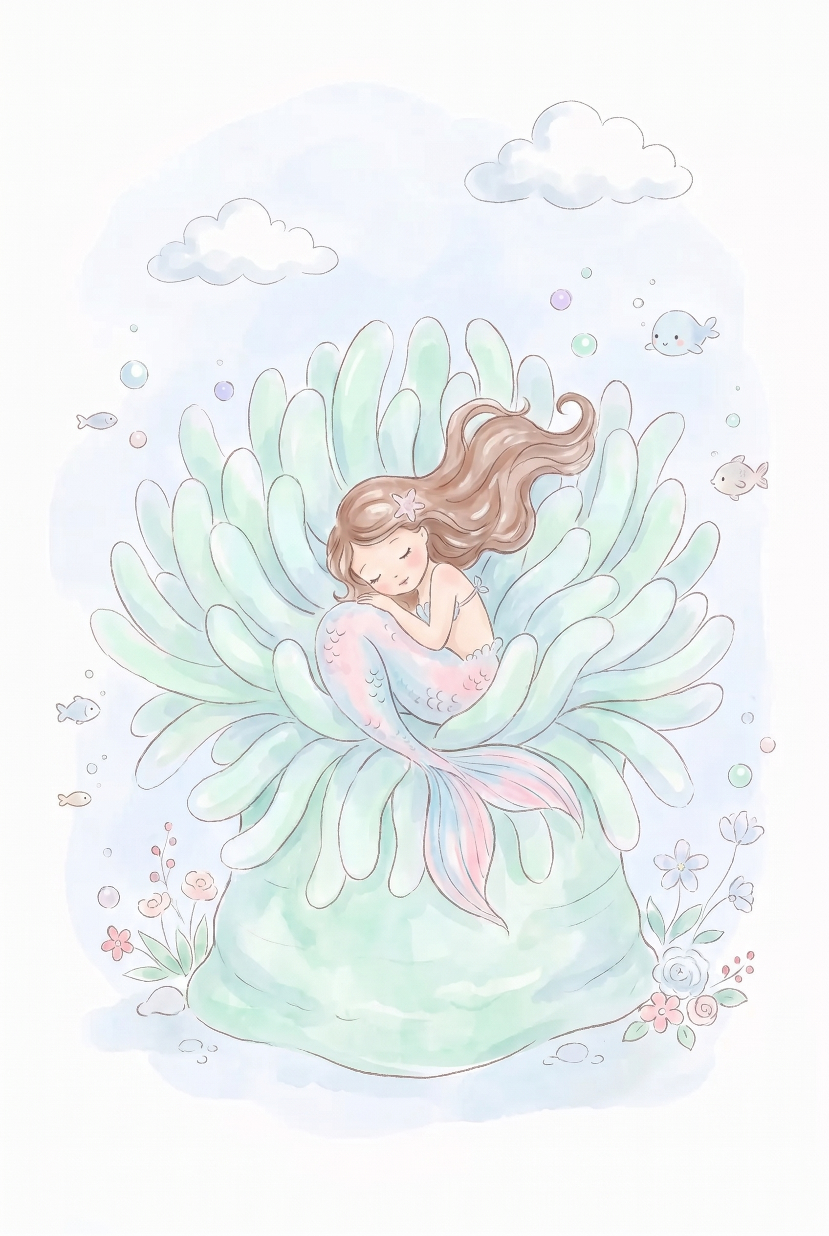 Pastel Sea Anemone Mermaid Wall Art - Serene Sea Slumber