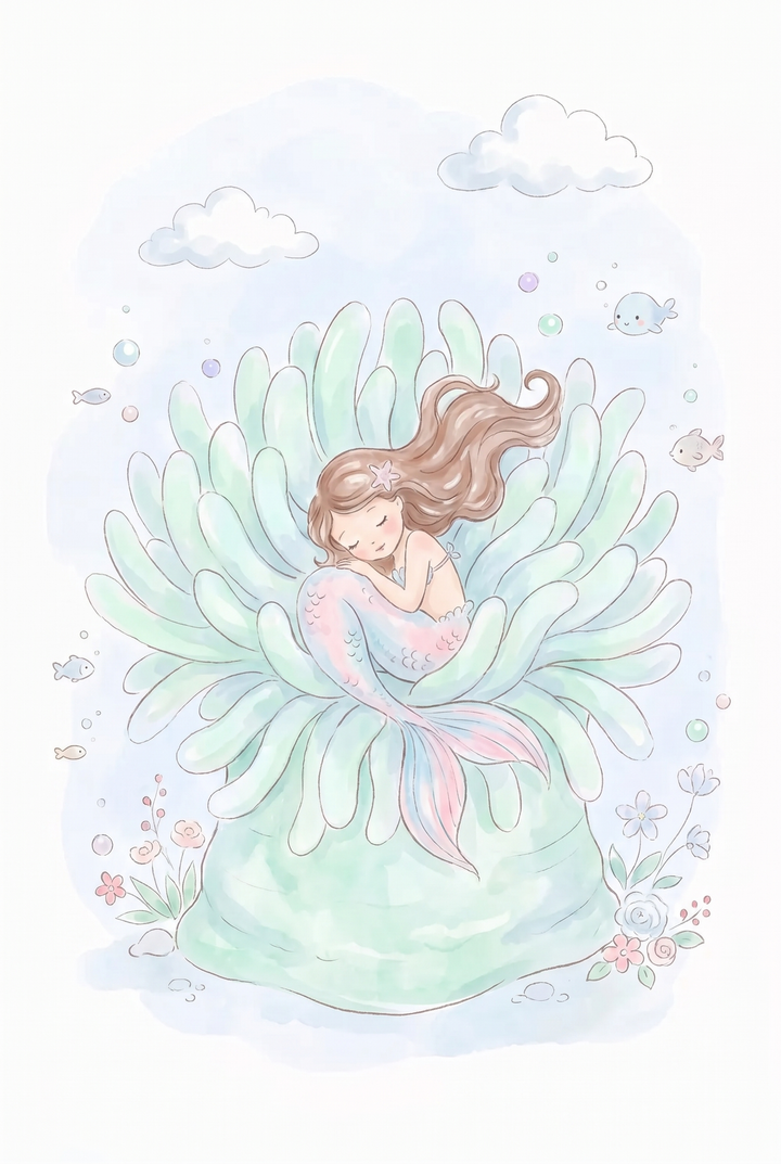 A mermaid sleeps inside a sea anemone surrounded by bubbles and fish, pastel sea anemone mermaid wall art.