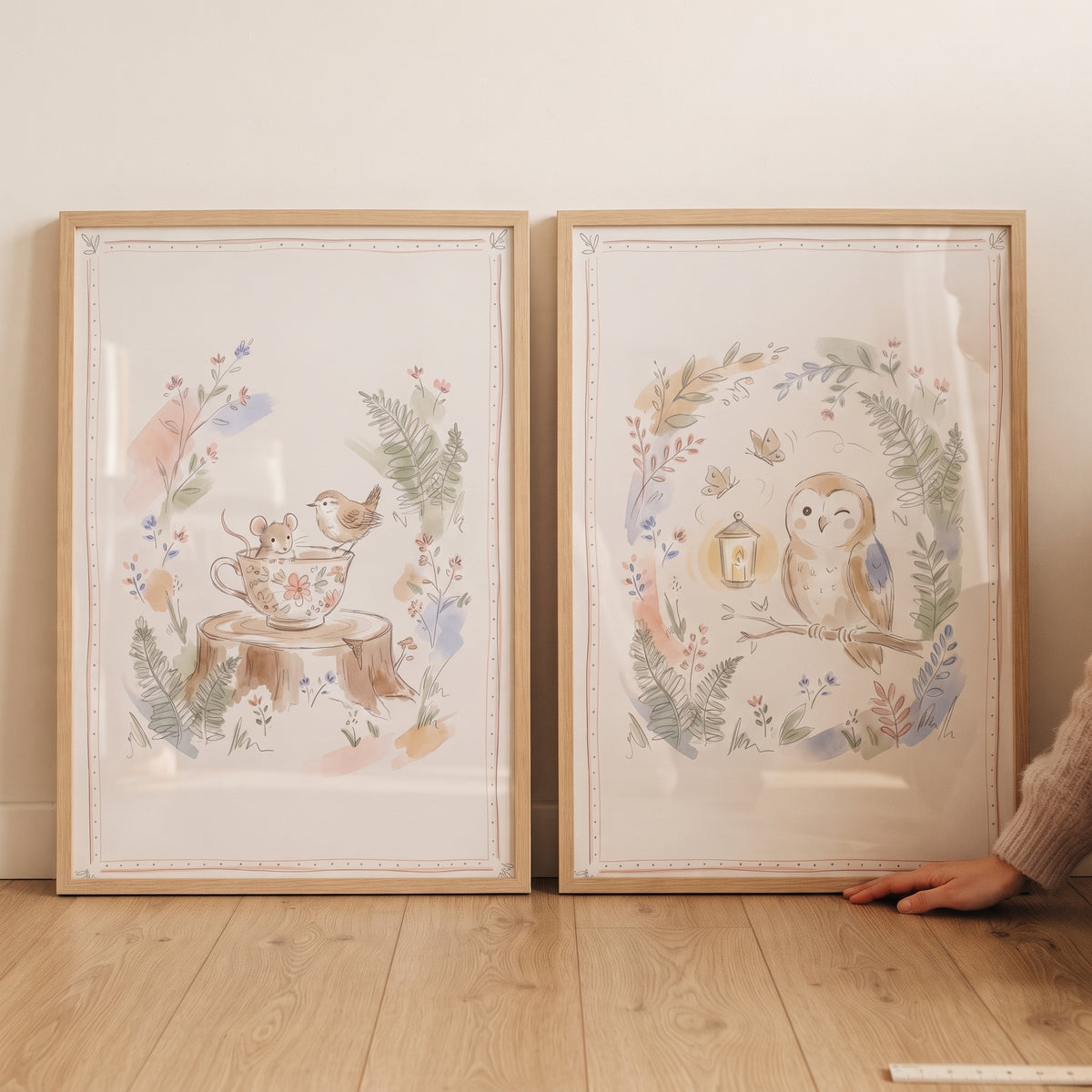 Pastel sketched woodland animal wall art set of 2 featuring a mouse in a teacup and a winking owl with a lantern.