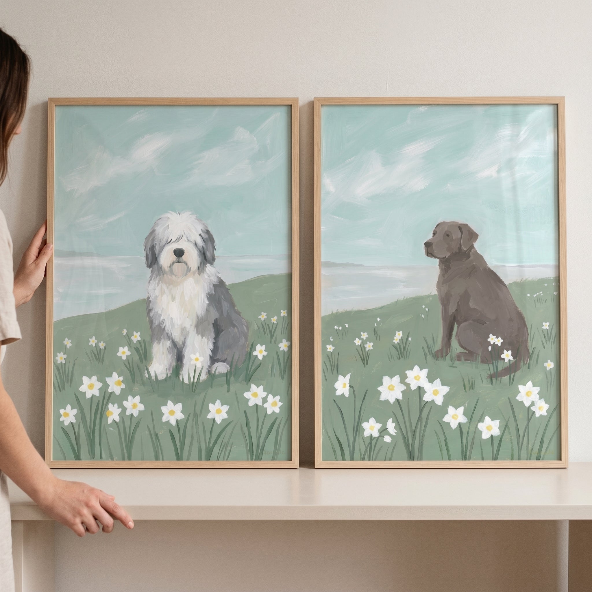 Pastel Sky Coastal Dogs Wall Art Set of 2 - Seaside Blossom Pups