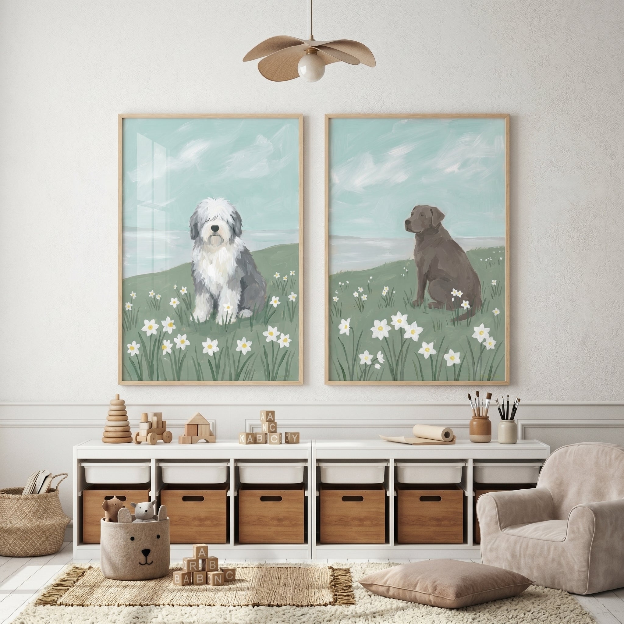 Pastel Sky Coastal Dogs Wall Art Set of 2 - Seaside Blossom Pups