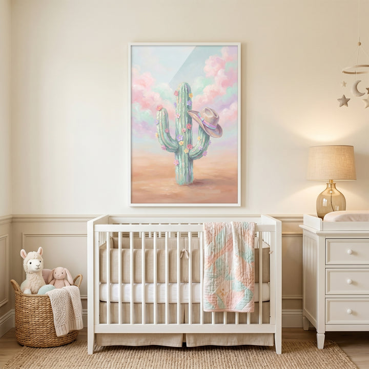 Pastel sky floral cactus wall art hangs above a white crib in a nursery with a woven basket and a white dresser.