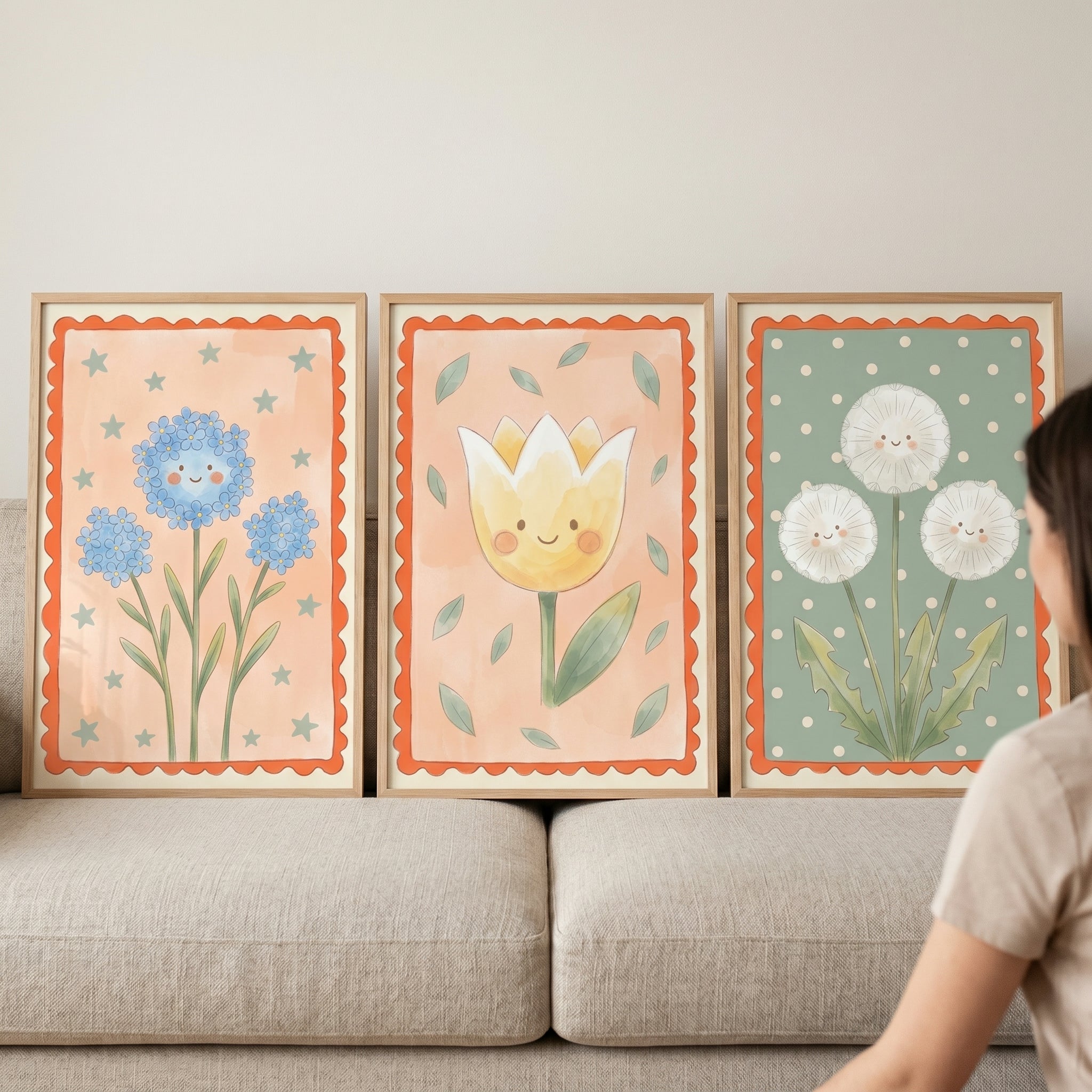 Pastel Smiley Face Flower Wall Art Set of 3 - Happy Petal Pals