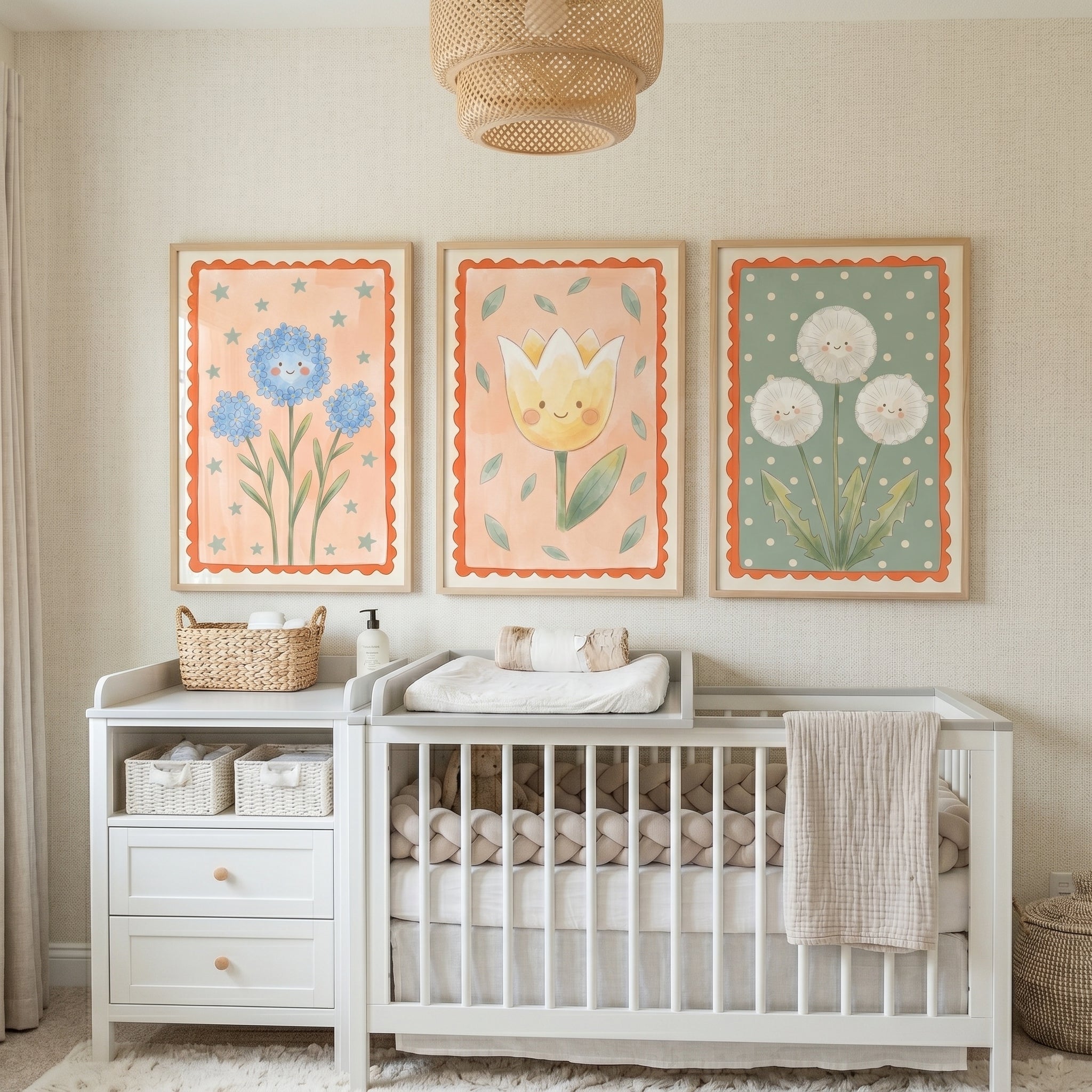 Pastel Smiley Face Flower Wall Art Set of 3 - Happy Petal Pals