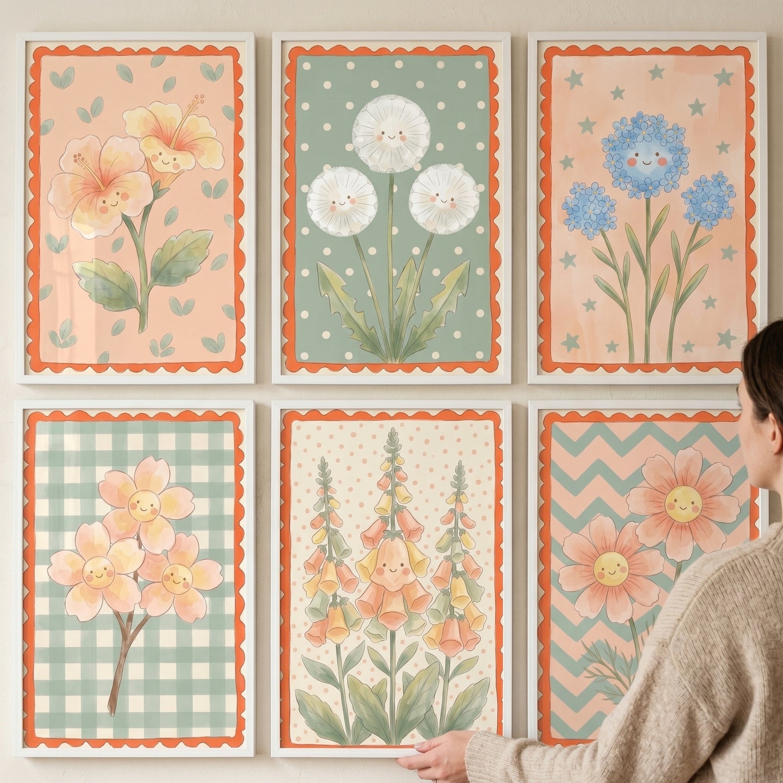 A person holds a pastel smiling flower wall art set of 6 featuring cute flowers with faces on colorful patterns.