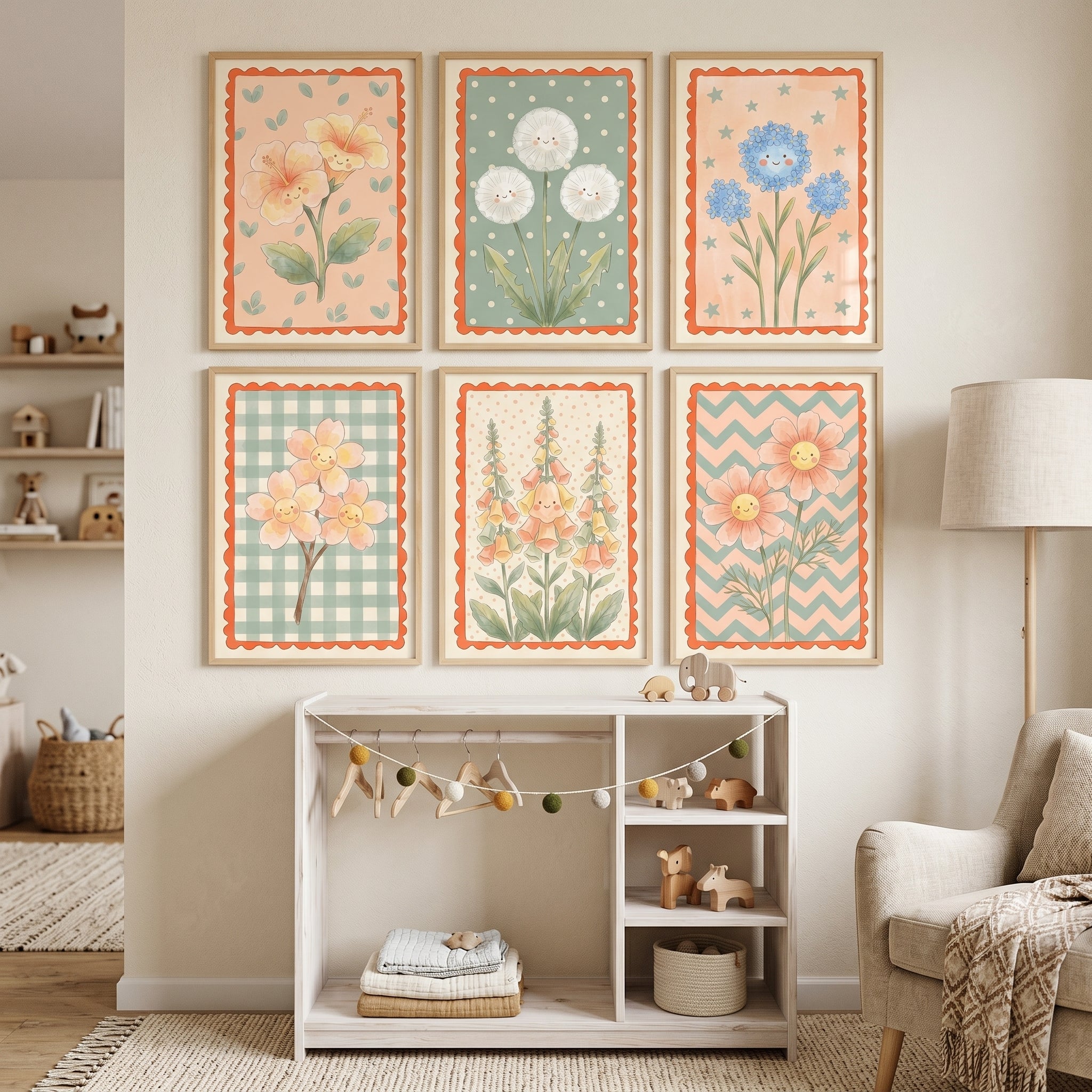 Pastel Smiling Flower Wall Art Set of 6 - Whimsical Bloom Collection